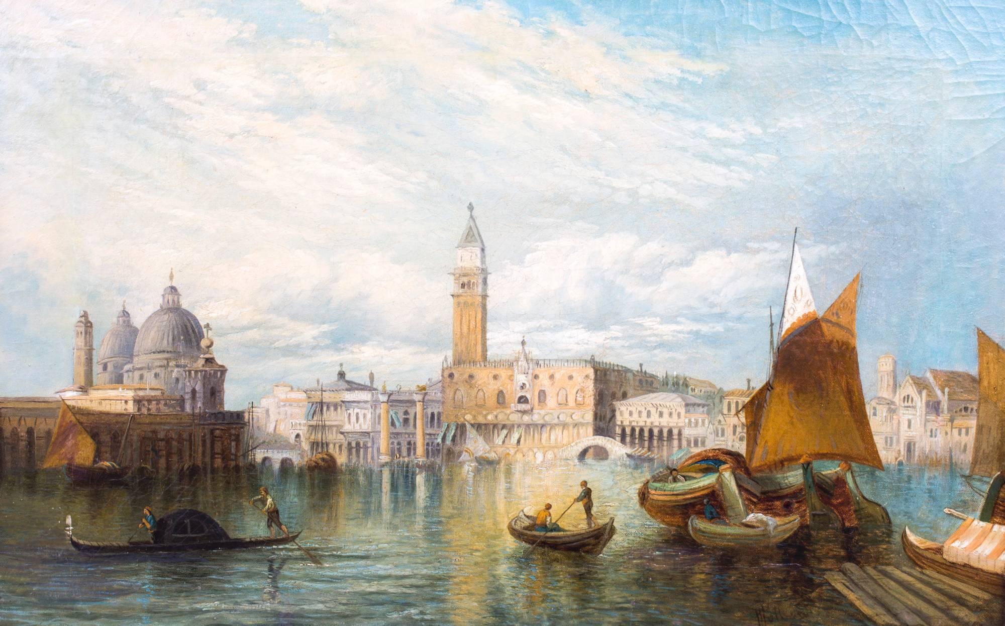 This is a beautiful oil on canvas painting of the Grand Canal in Venice by the renowned British artist Alfred Pollentine (1836-1890) and signed lower right.

This beautiful landscape captures a striking view of the Grand Canal, it features a busy
