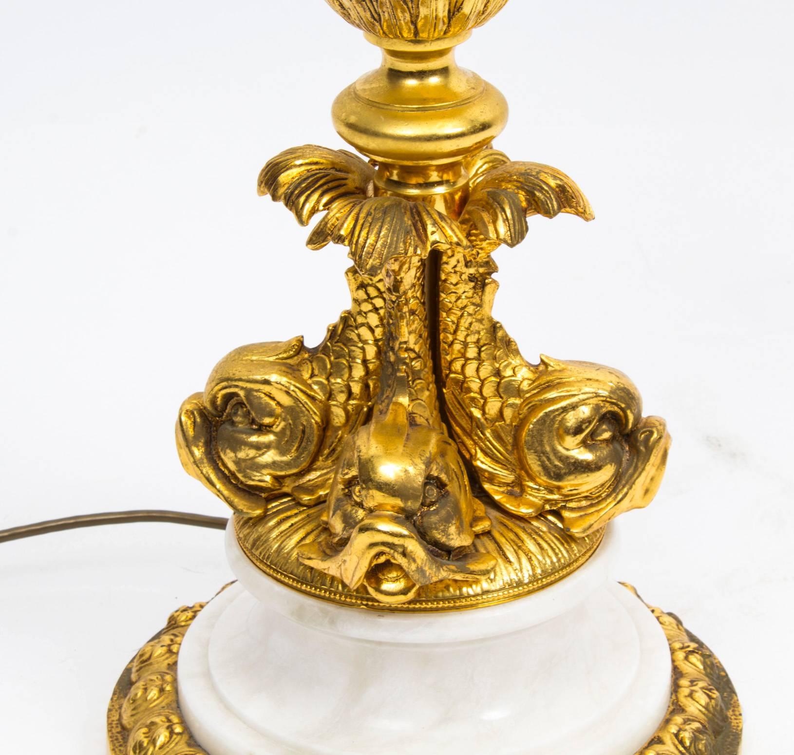 French Vintage Ormolu and Marble Dolphin Table Lamp Louis Revival For Sale
