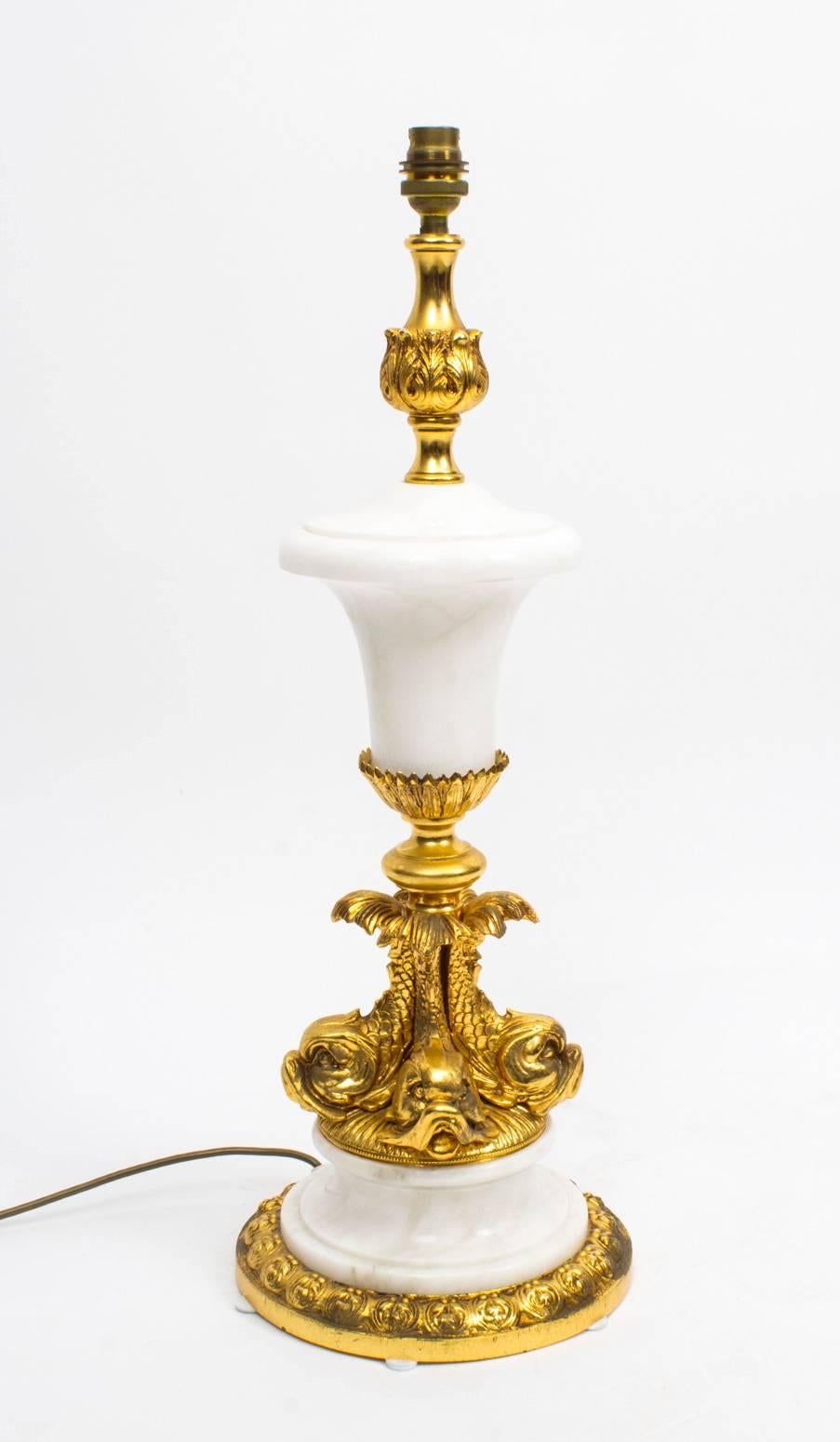Vintage Ormolu and Marble Dolphin Table Lamp Louis Revival For Sale 1