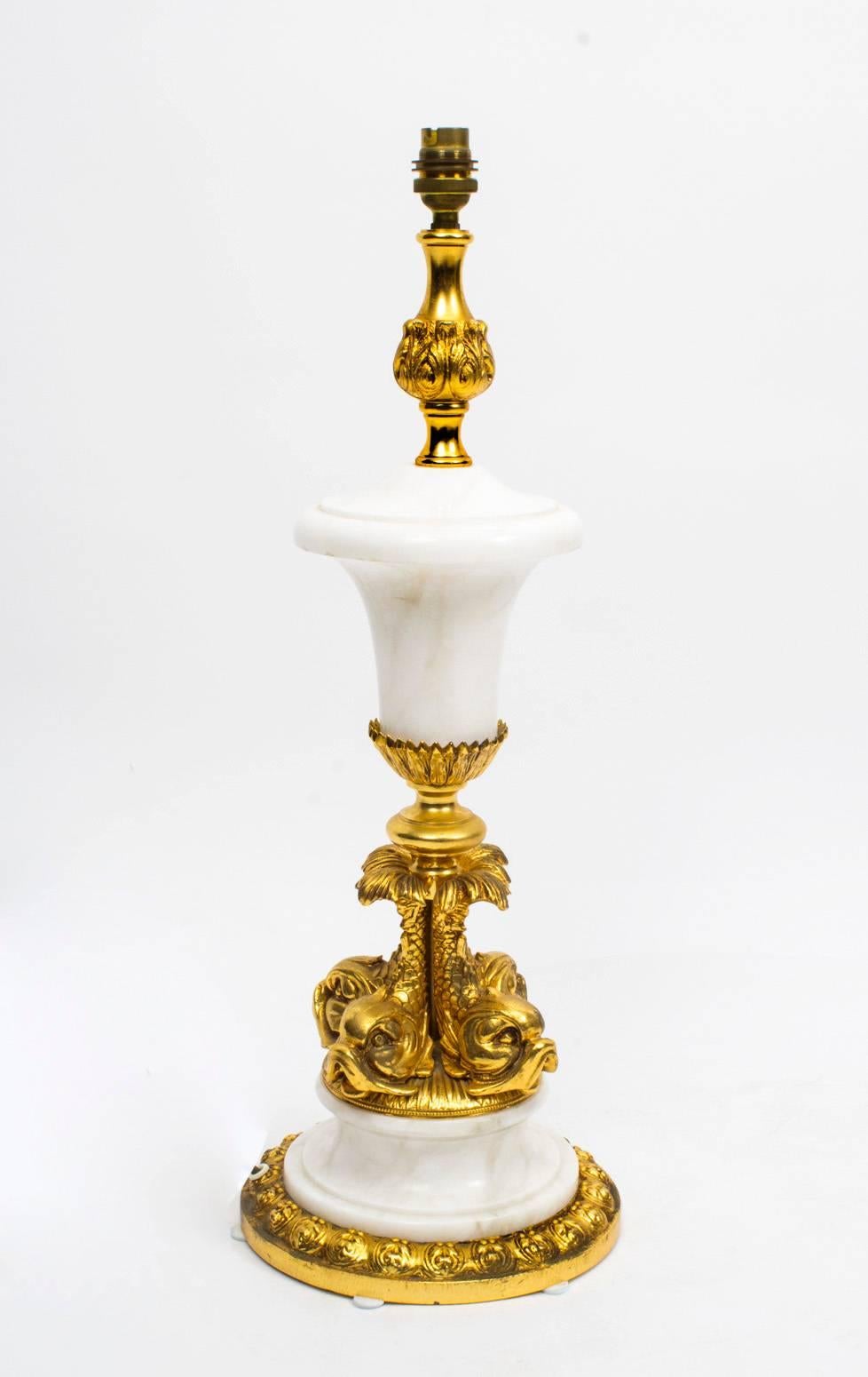 Vintage Ormolu and Marble Dolphin Table Lamp Louis Revival For Sale 2