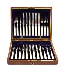 Antique Boxed Set 12 Silver Fruit Knives and Forks, 1900