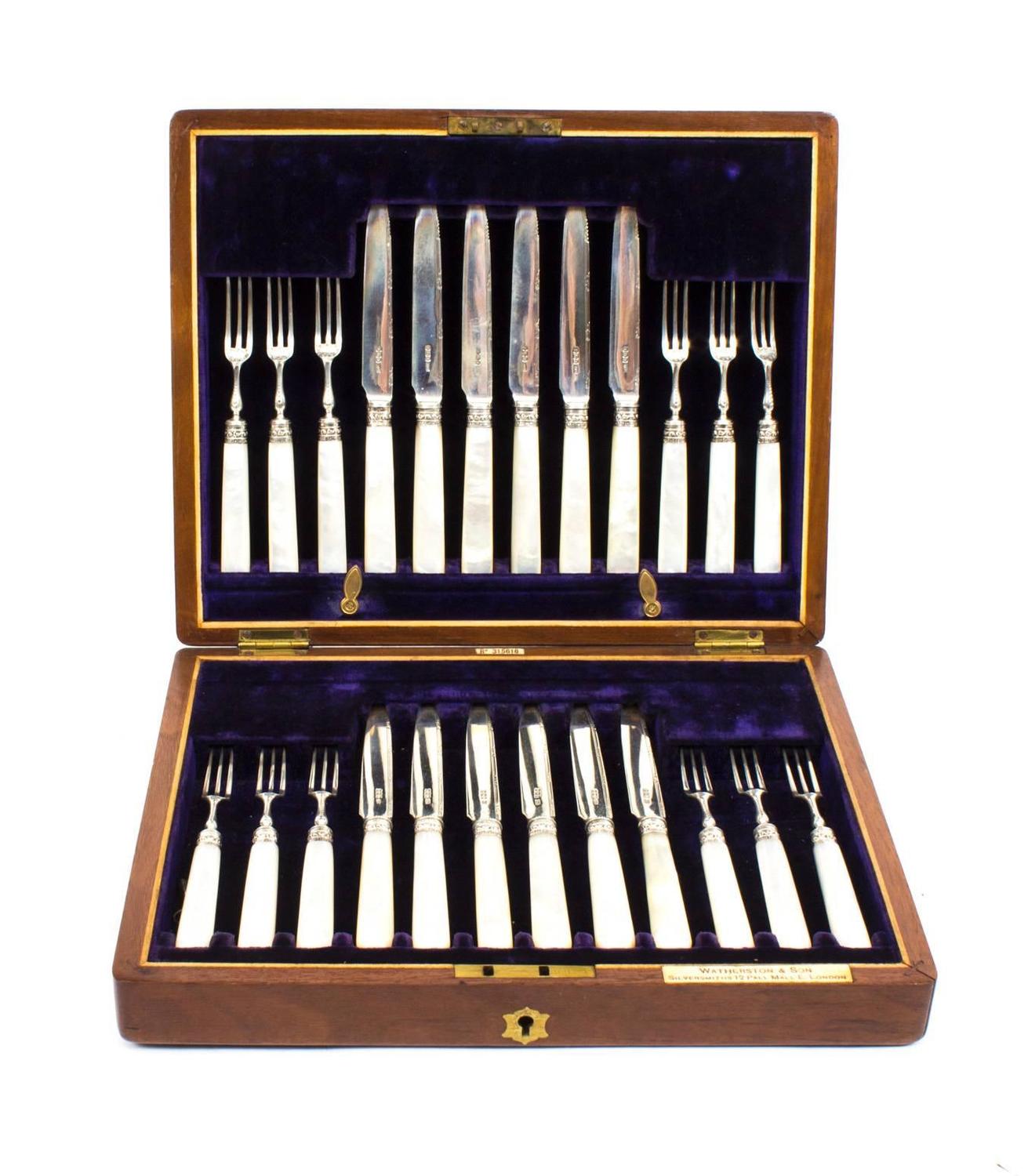 Antique Boxed Set 12 Silver Fruit Knives and Forks, 1900 For Sale at