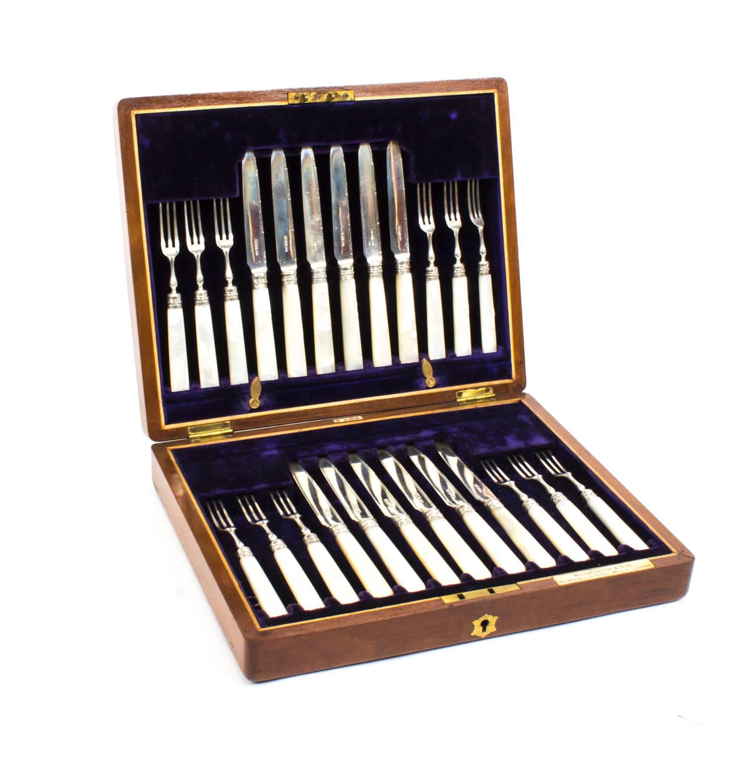 Antique Boxed Set 12 Silver Fruit Knives and Forks, 1900 2