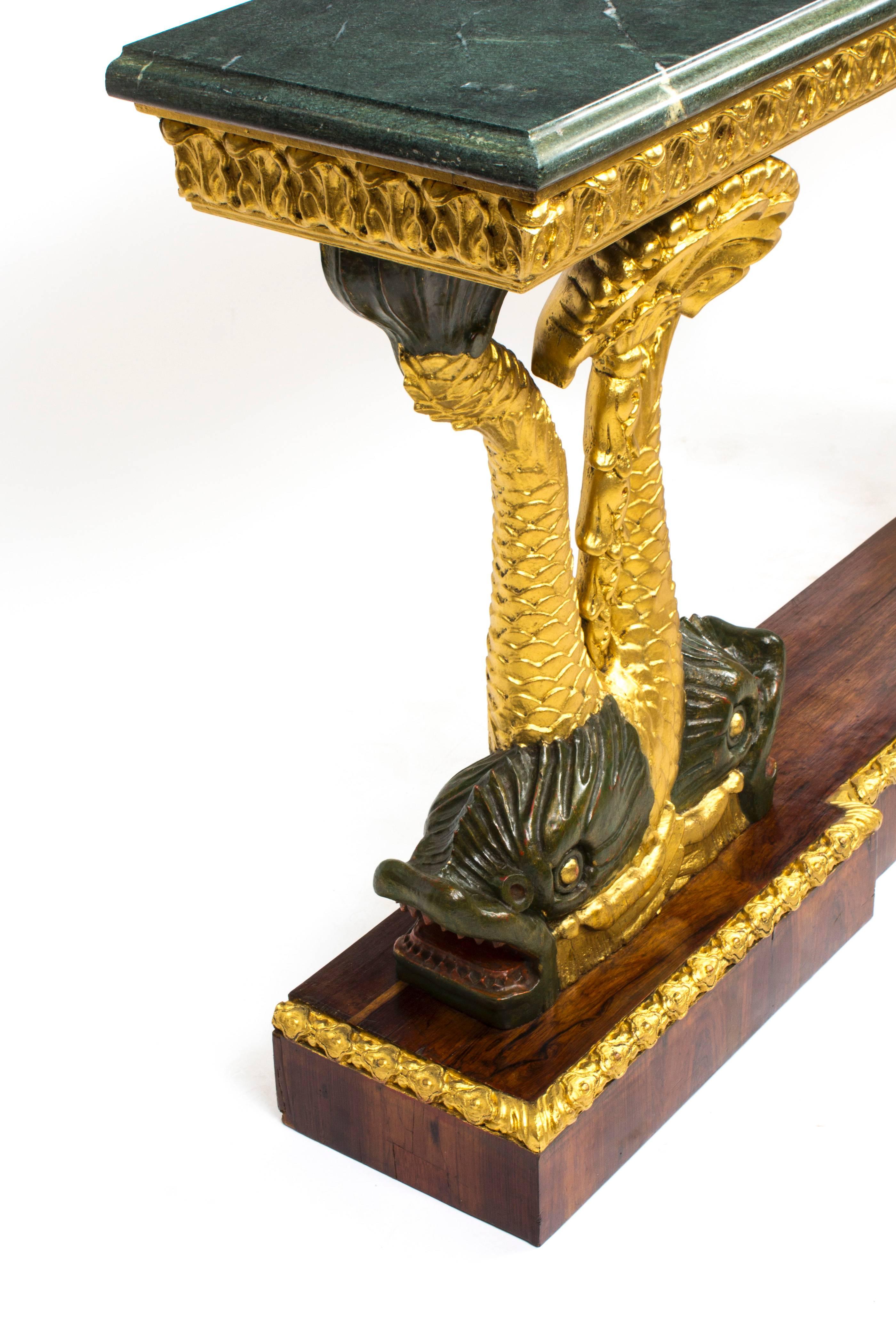 Marble Early 20th Century Entwined Gilded Dolphins Console Pier Table