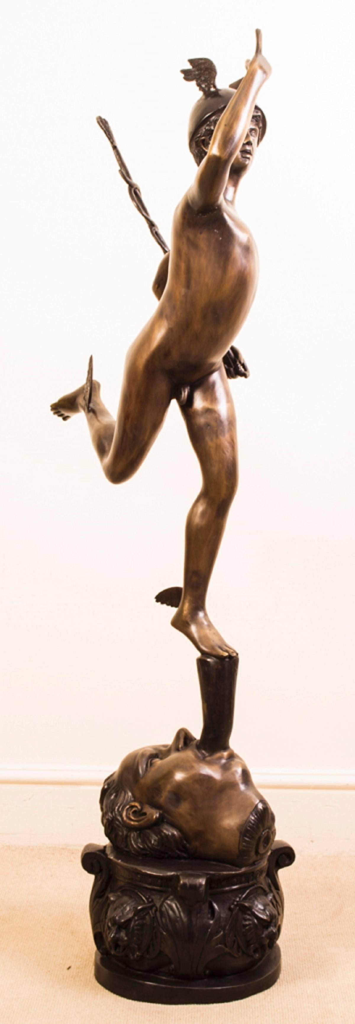 This is a gorgeous solid bronze statue of Mercury, also known as Hermes, dating from the last quarter of the 20th century. 

This high quality hot cast solid bronze was produced using the traditional 'lost wax' process. The bronze rests on marble