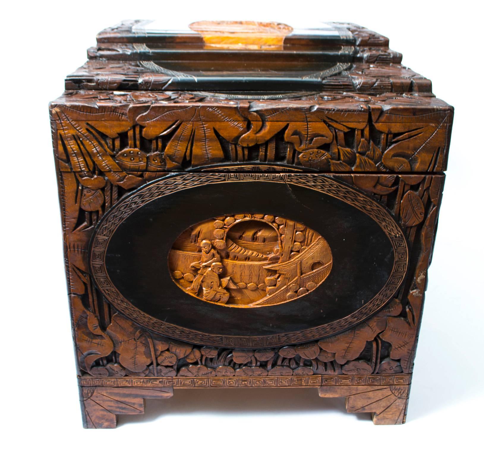 Mid-20th Century Chinese Carved Camphor Wood Trunk Coffer In Excellent Condition In London, GB