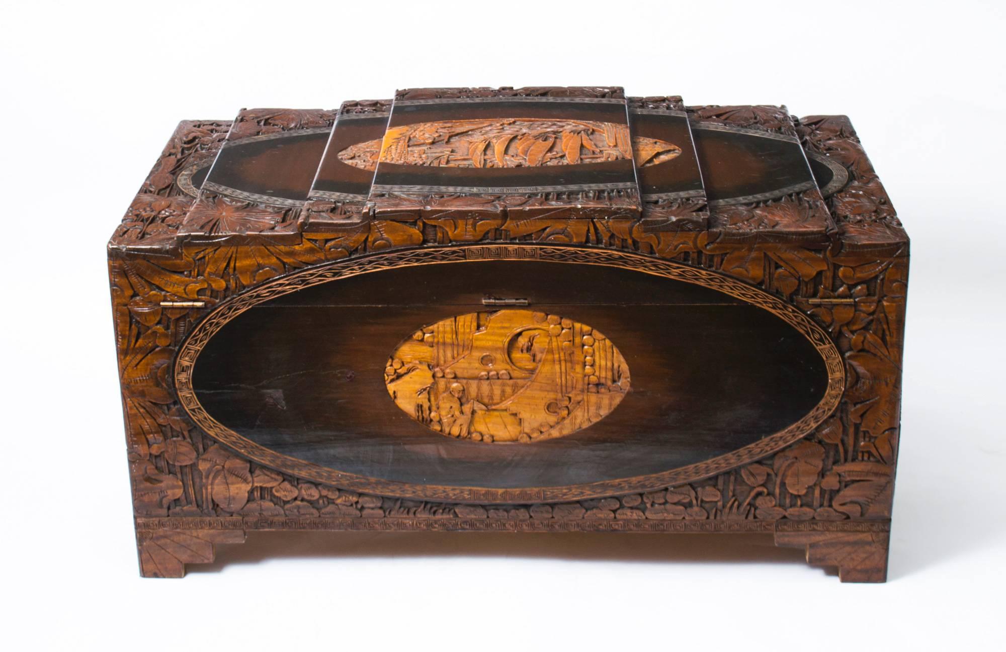 Mid-20th Century Chinese Carved Camphor Wood Trunk Coffer 1