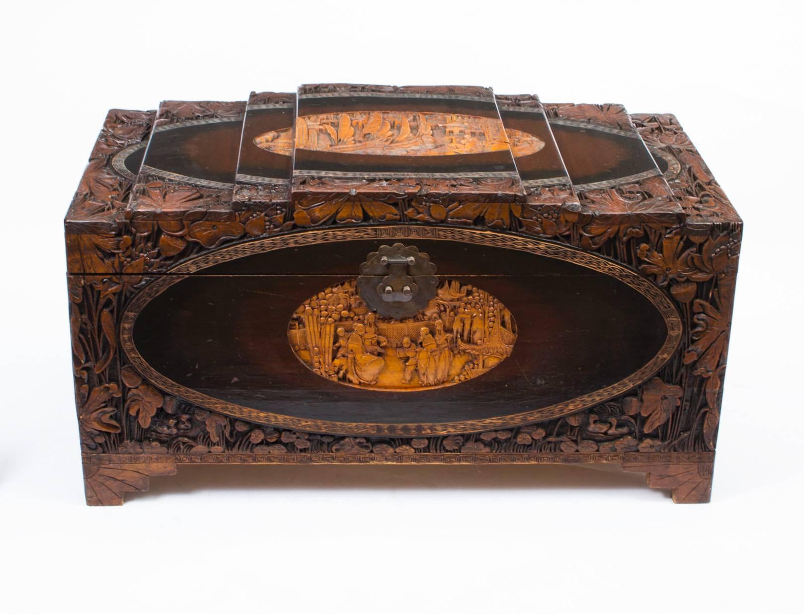 Mid-20th Century Chinese Carved Camphor Wood Trunk Coffer 2