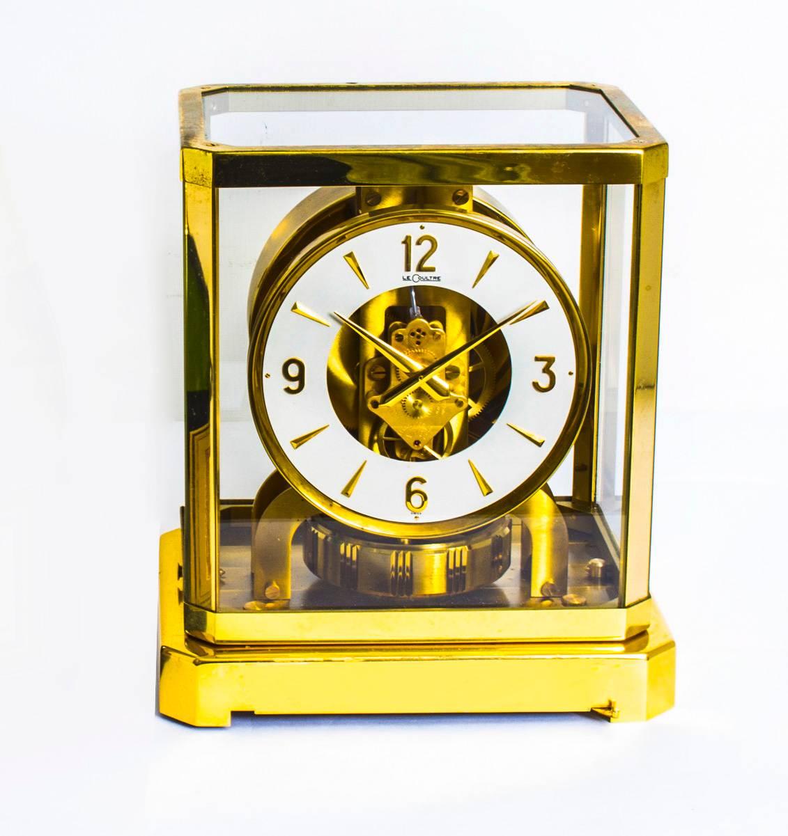 This is beautiful and very decorative Vintage Atmos mantel clock by Jaeger-LeCoultre.

The clock is displayed in a polished gilt rectangular brass case that lifts off to allow access to the movement.

The clock self-winds and keeps time on