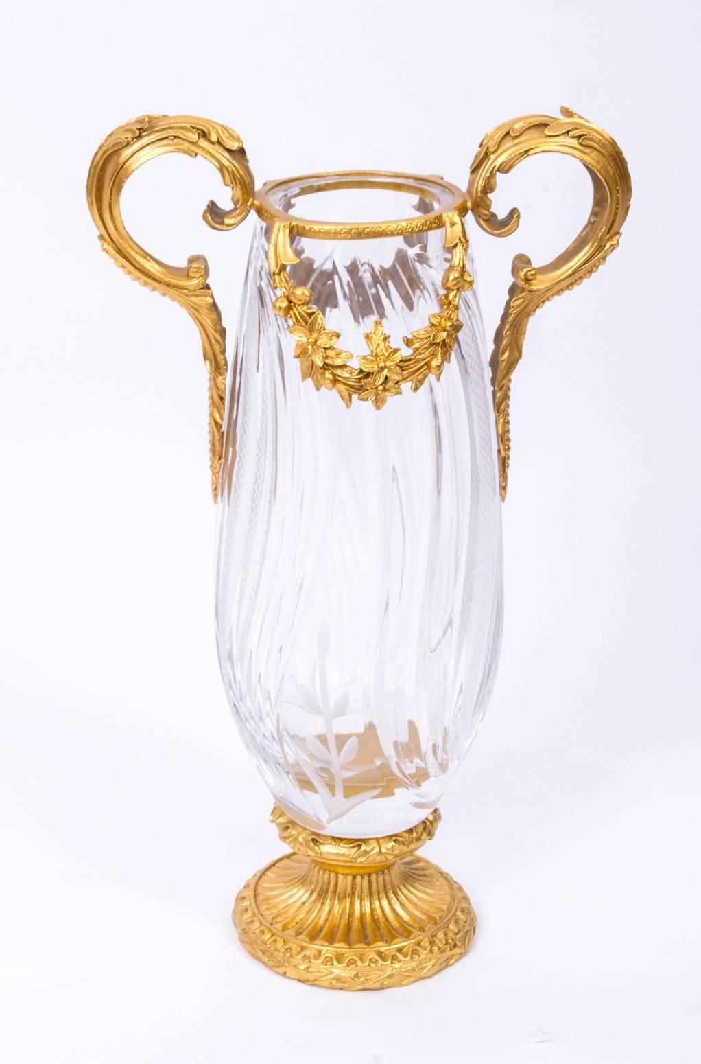 Pair of French Crystal and Gilded Ormolu Vases In Excellent Condition In London, GB