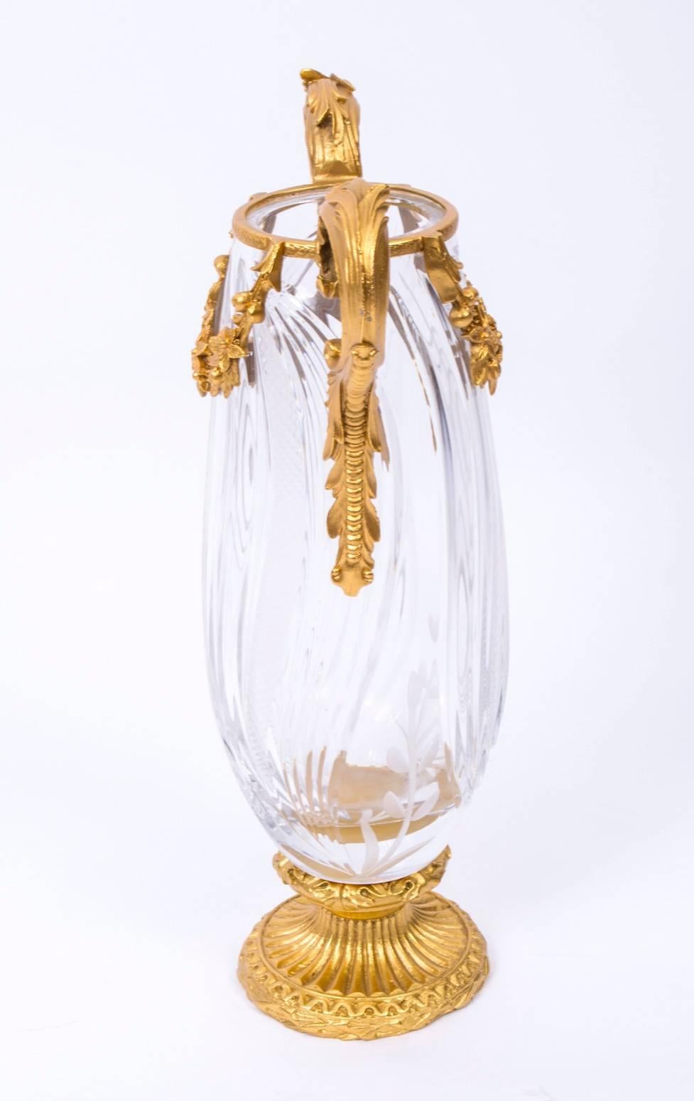 Late 20th Century Pair of French Crystal and Gilded Ormolu Vases