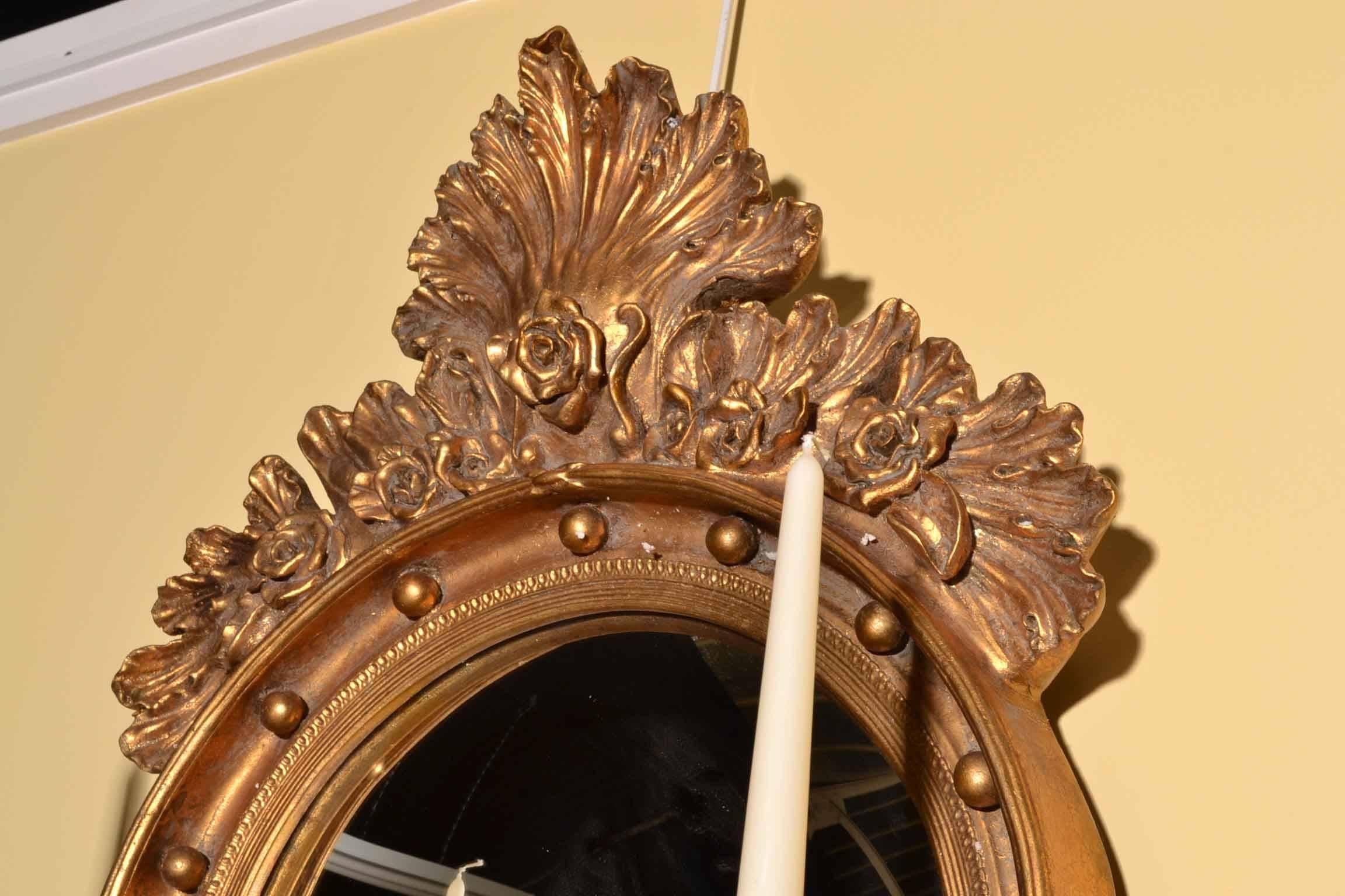 Late 20th Century Pair of Italian Gilded Convex Mirror with Candleholders