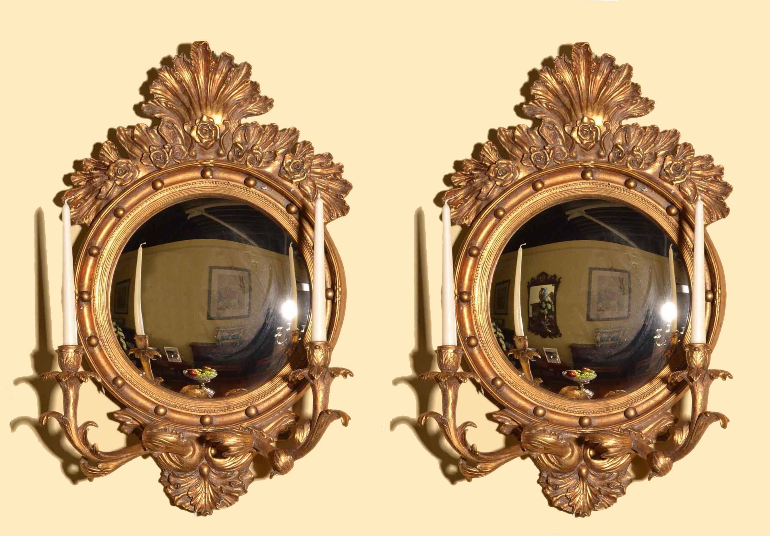 Pair of Italian Gilded Convex Mirror with Candleholders 2