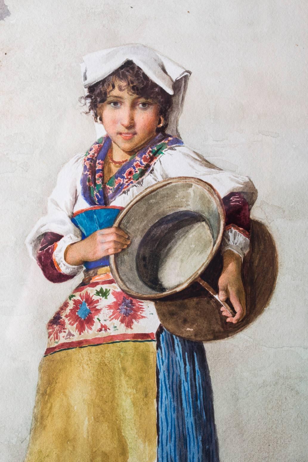 Italian 19th Century Watercolour 'Water Carrier' F Indoni For Sale