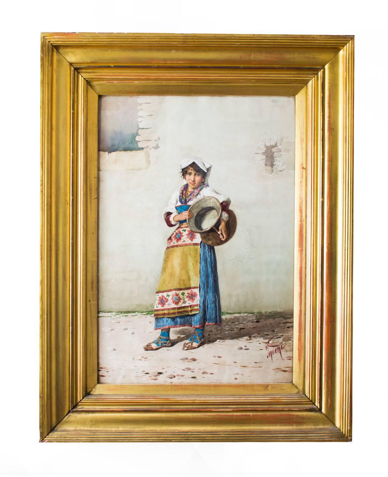 Canvas 19th Century Watercolour 'Water Carrier' F Indoni For Sale
