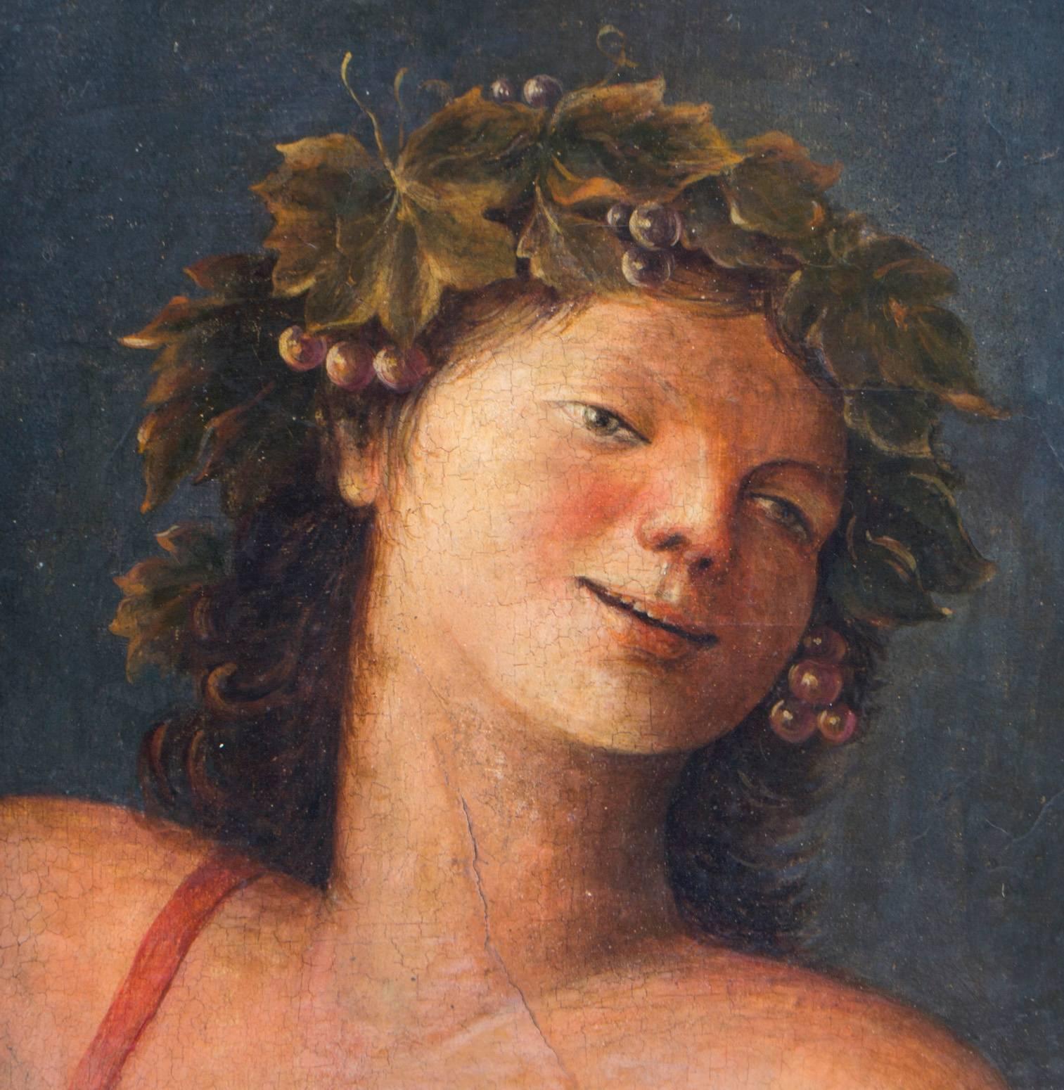 'Young Man with Grape Laurel Wreath', circa 1880.

This portrait of a young man with a grape crown was painted by a late century artists the follower of the Roman School of Michelangelo Cerquozzi (1602-1660). 

The painting depicts the antique