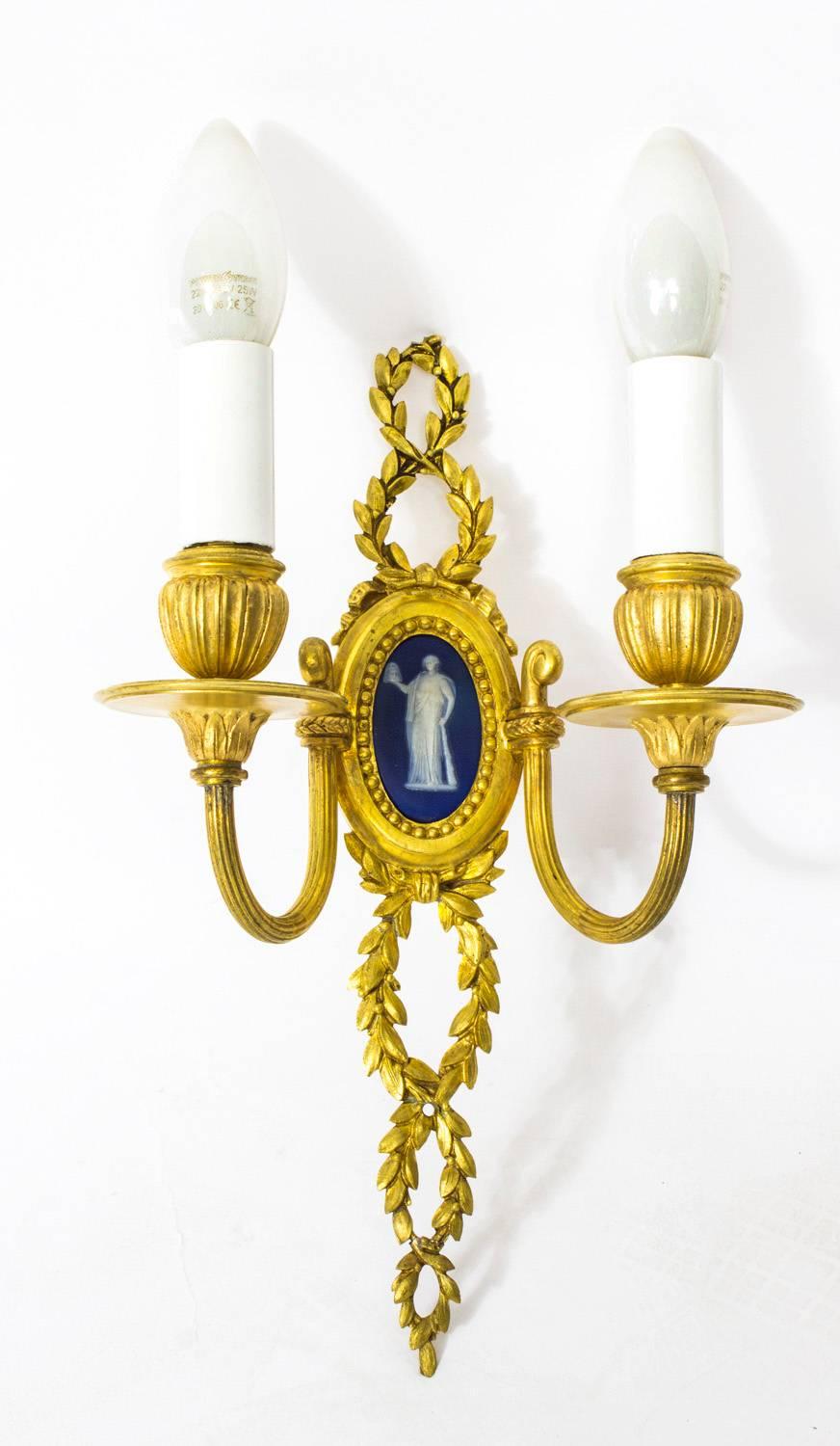 Antique Pair of Ormolu Jasperware Two Branch Wall Lights Sconces 3