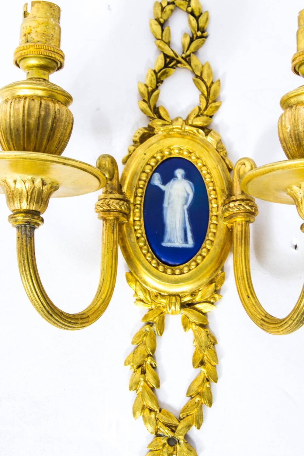 English Antique Pair of Ormolu Jasperware Two Branch Wall Lights Sconces