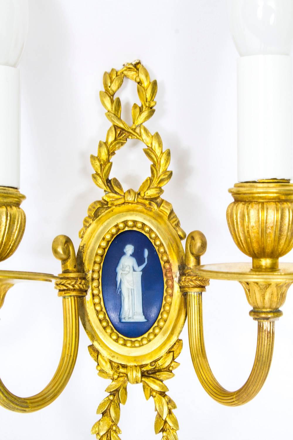 Antique Pair of Ormolu Jasperware Two Branch Wall Lights Sconces 1