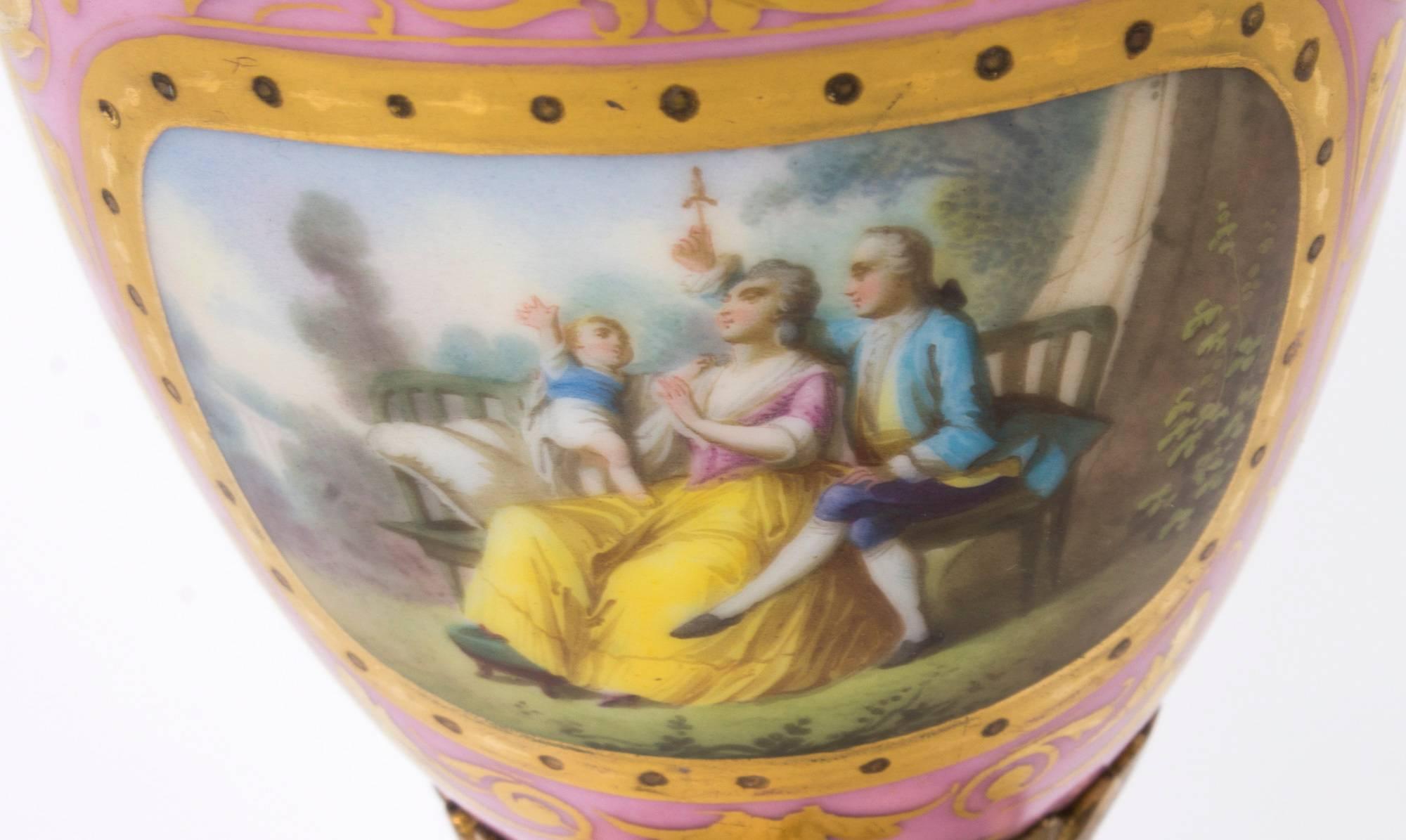 French Antique Pair of Sevres Pink Porcelain Urns, circa1880