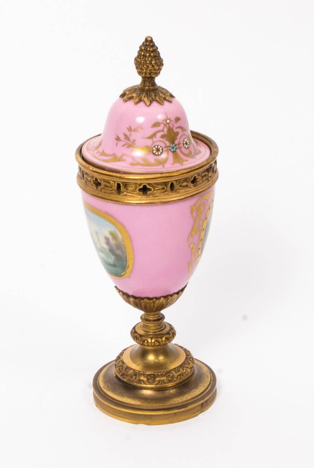 Ormolu Antique Pair of Sevres Pink Porcelain Urns, circa1880