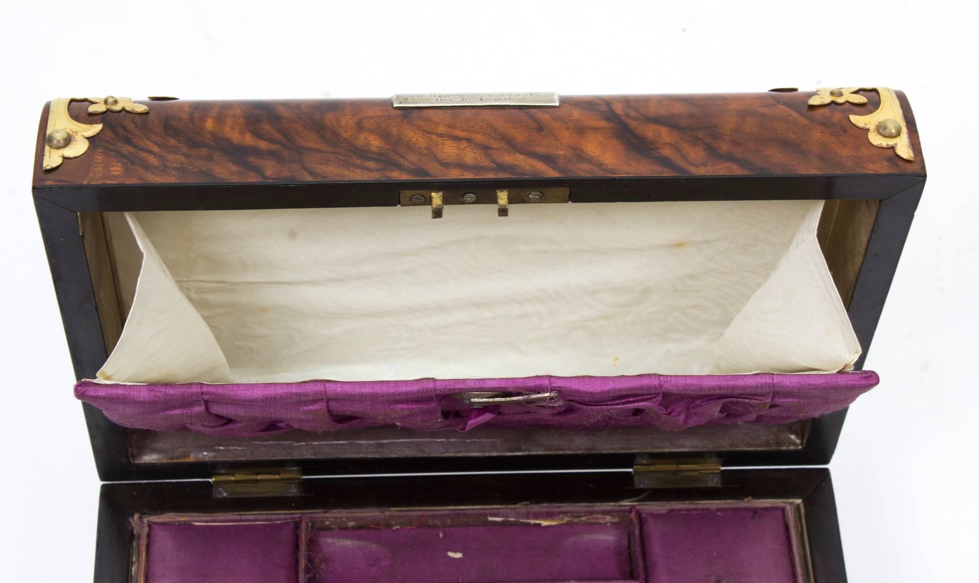 Brass 19th Century Victorian Burr Walnut Casket Sewing Box For Sale