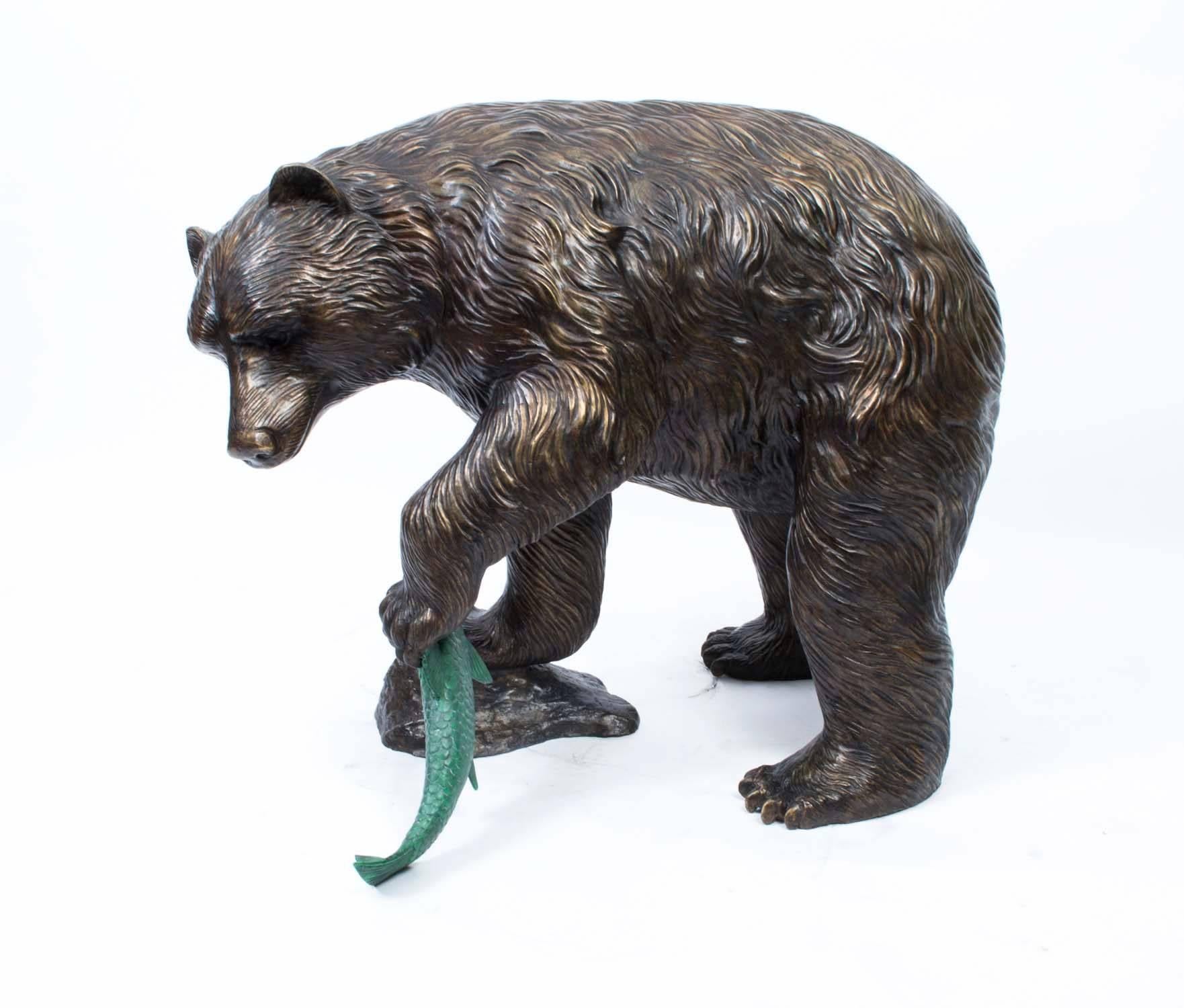 Late 20th Century Pair of Wild Bears Fishing Salmon Bronze Sculptures