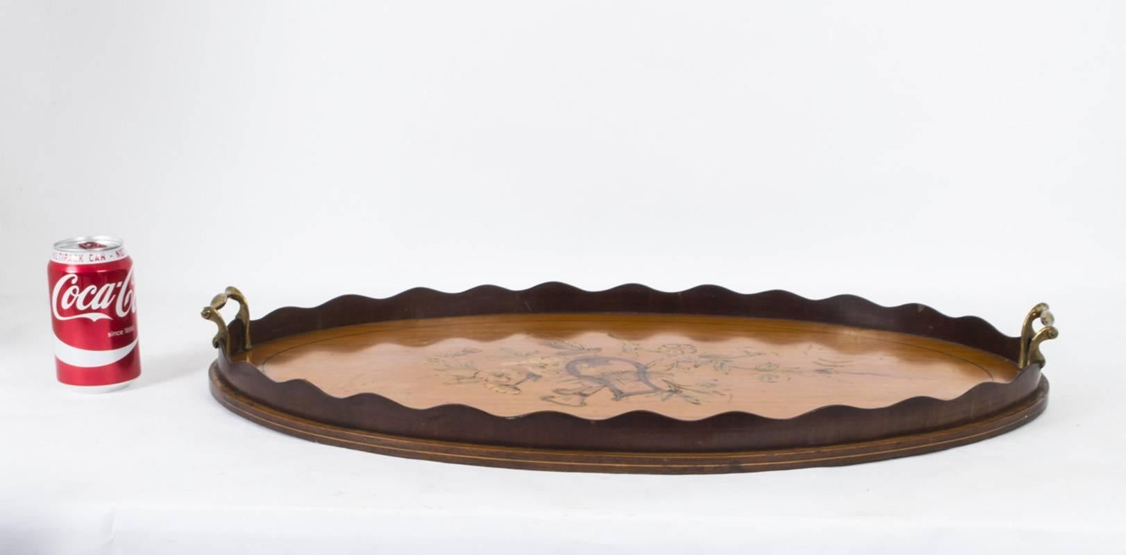 Early 20th Century Edwardian Oval Satinwood Marquetry Tray 4