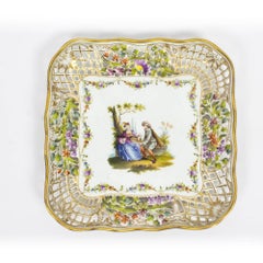 Antique Pair of German Dresden Porcelain Reticulated Dishes 19th Century