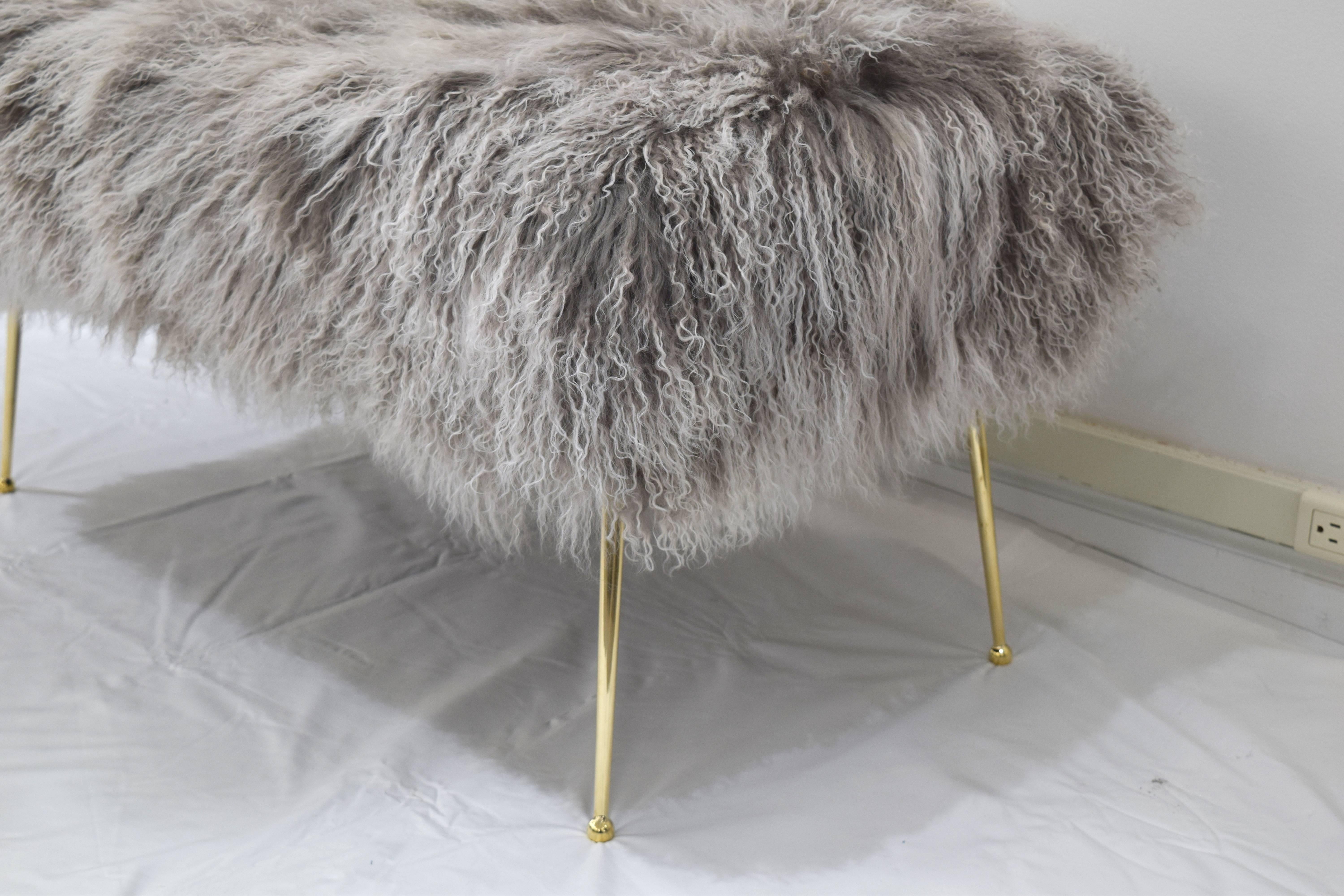 Mid-Century Modern Custom Mongolian Fur Vivier Ottoman For Sale