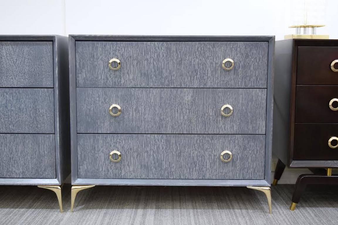 A Stiletto three-drawer chest by Irwin Feld design for CF Modern. Fabricated in the USA. Grey cerused (as shown) with hand cast, polished solid brass hardware, theis chest can be customized to your perfect specifications. CF Modern offers other