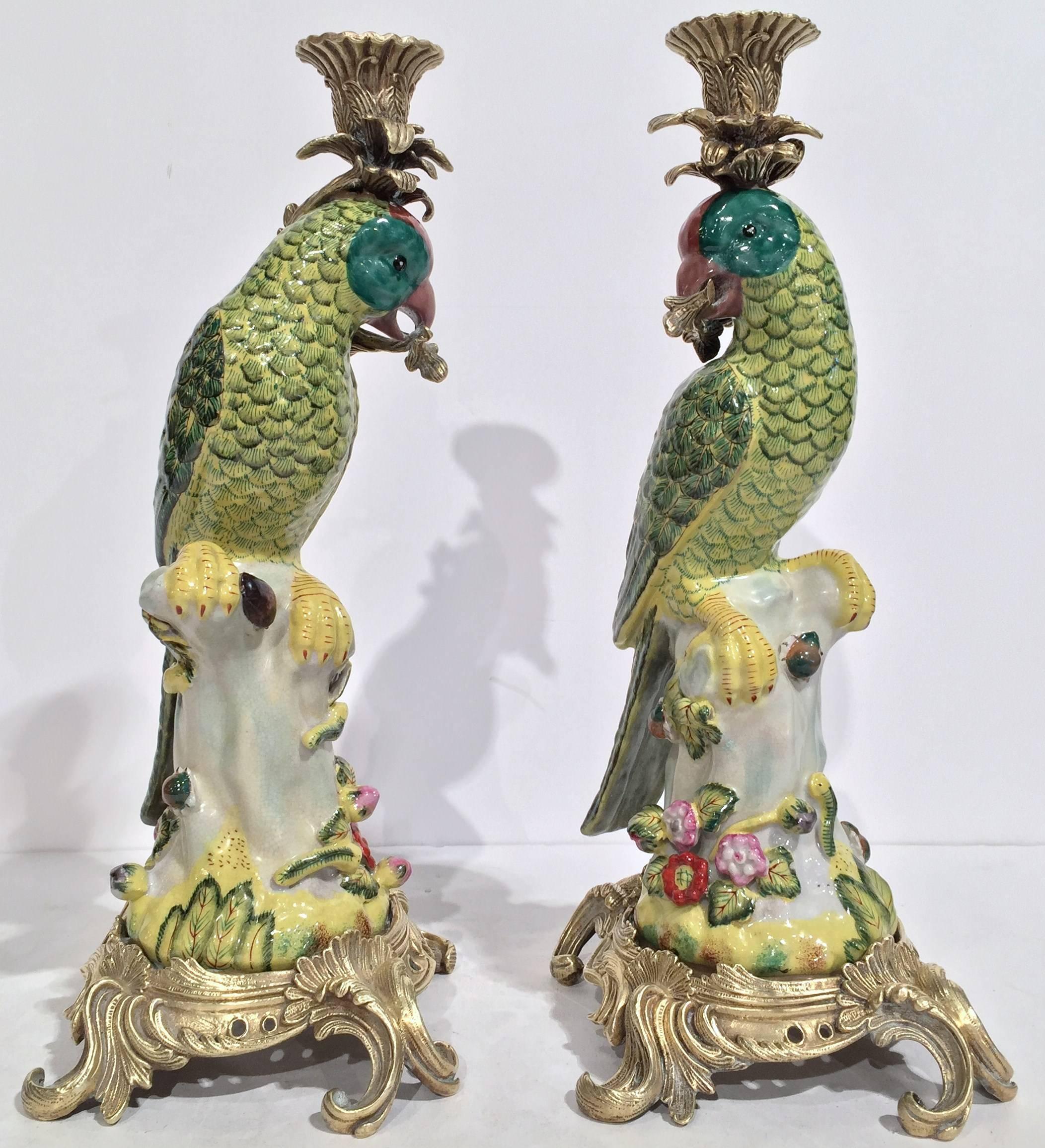 Pair of 19th century faience parrots candle holders on bronze bases (circa: 1870). Great colors, great condition!