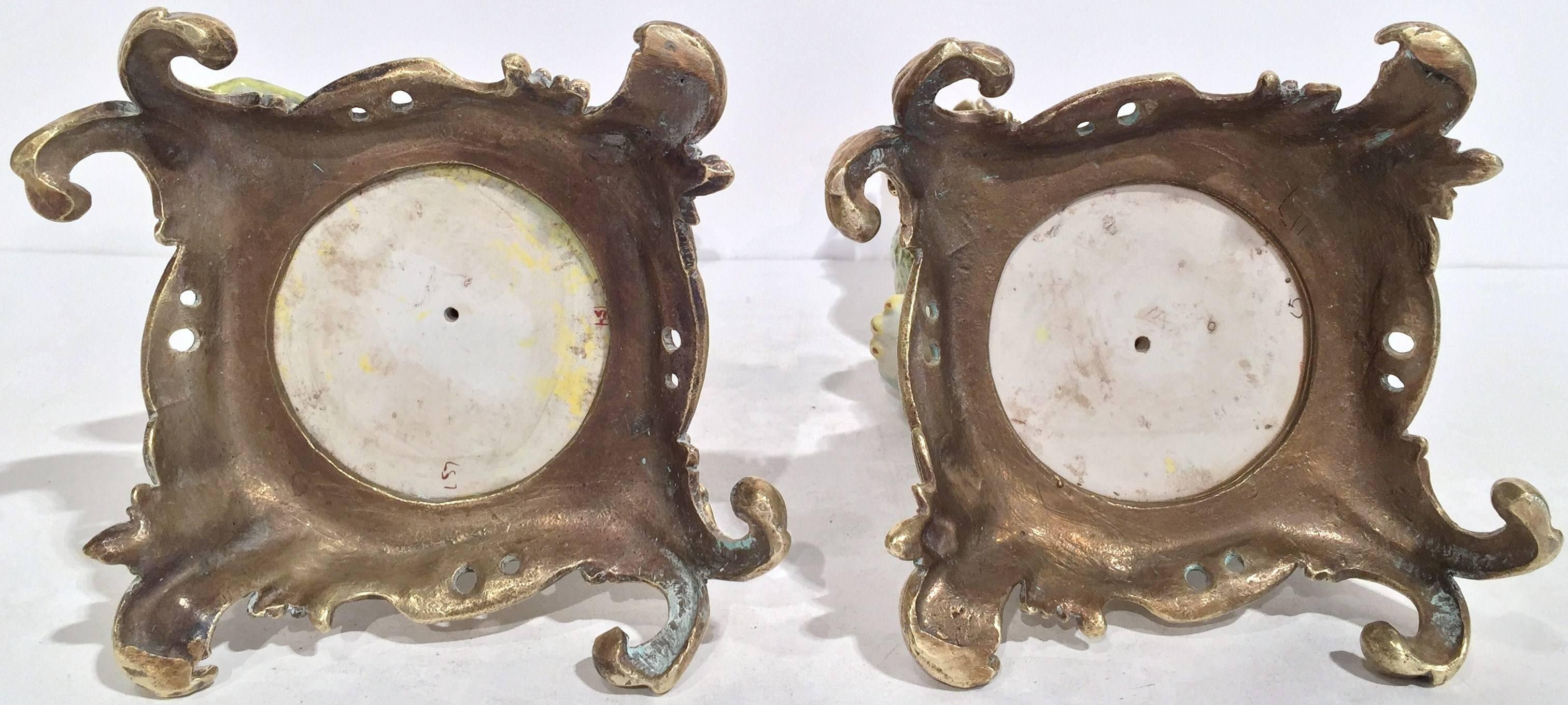 Pair of Antique Faience Candle Holders with Parrots on Bronze Bases  2