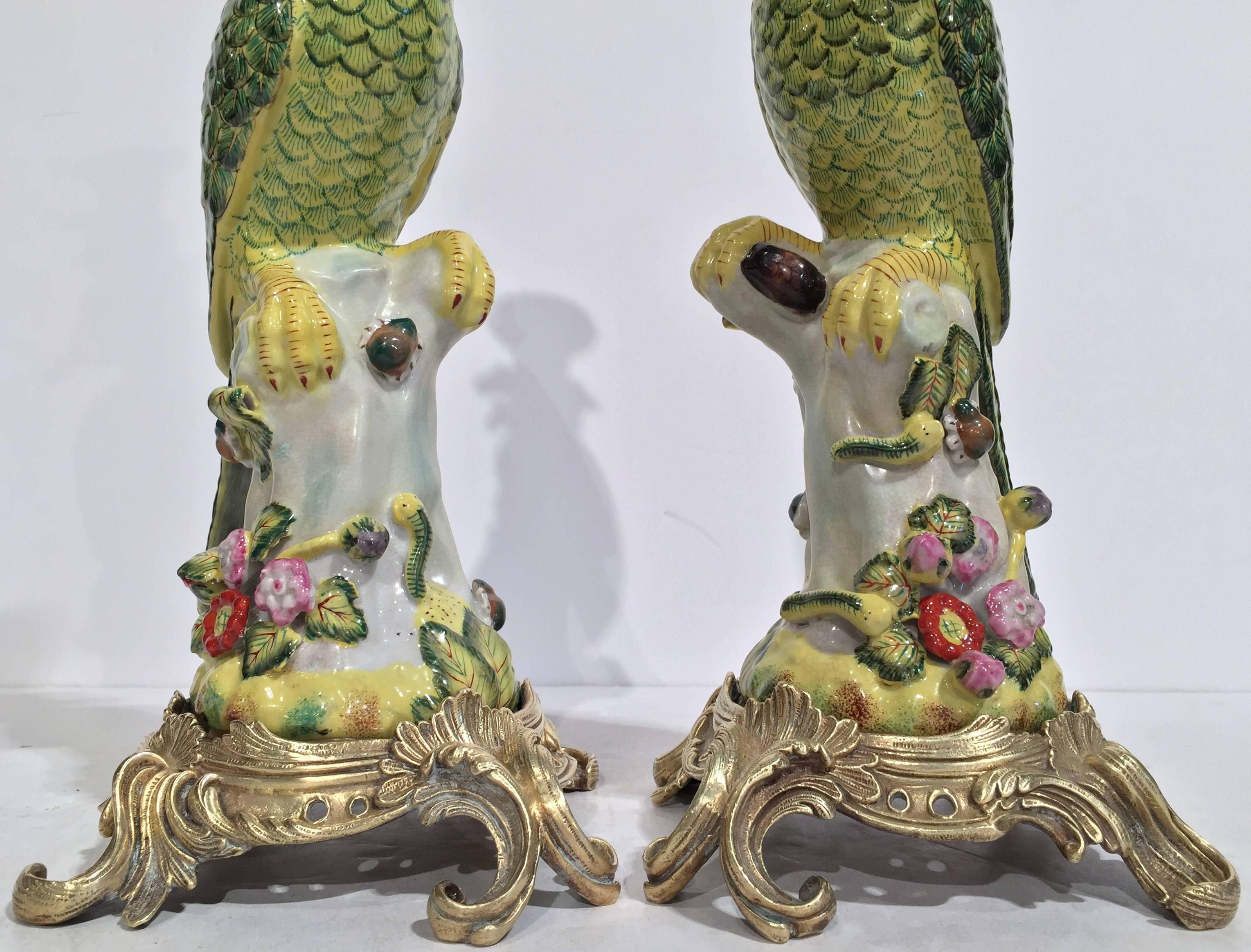 Pair of Antique Faience Candle Holders with Parrots on Bronze Bases  In Excellent Condition In Dallas, TX