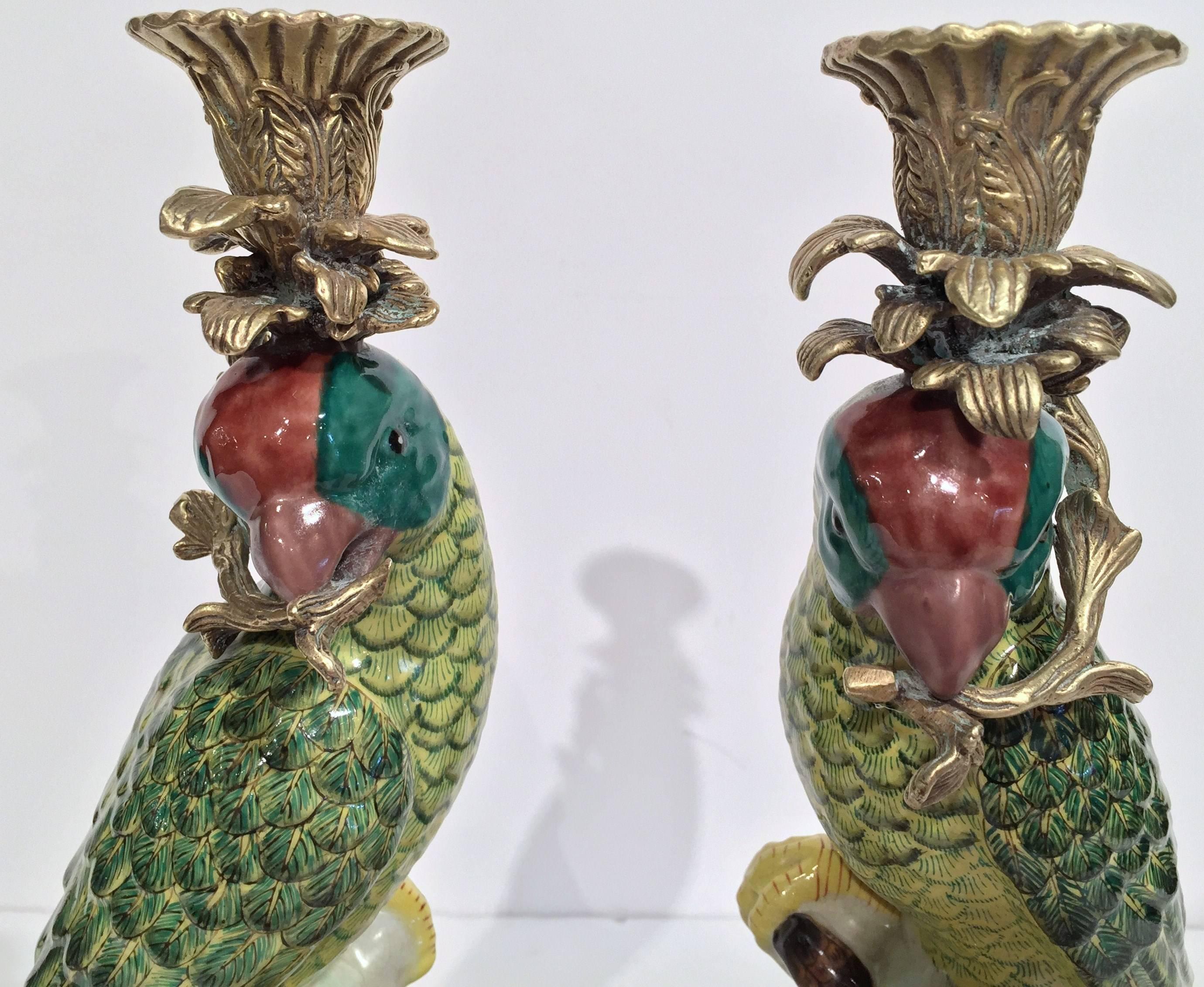 Pair of Antique Faience Candle Holders with Parrots on Bronze Bases  1