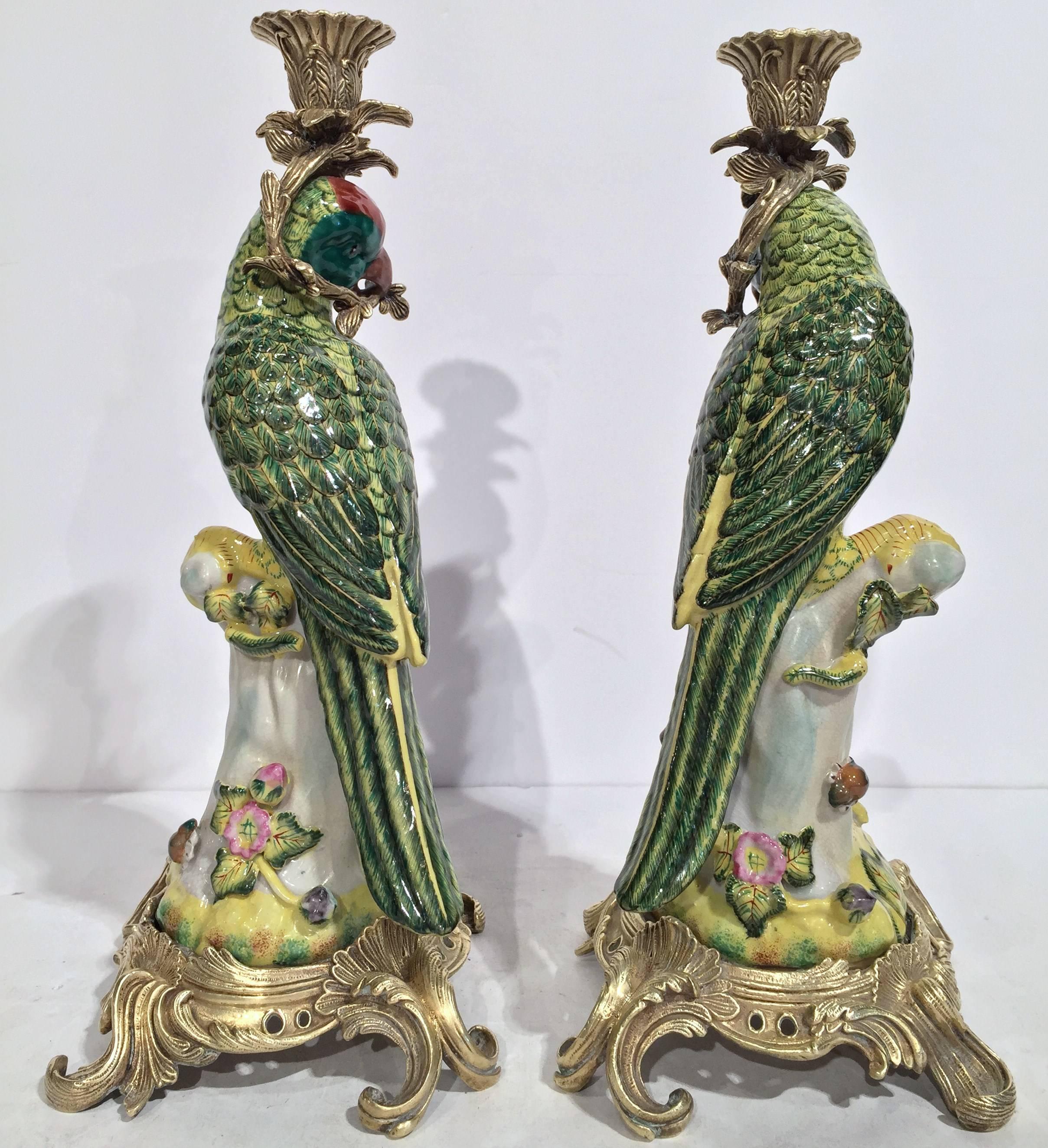 19th Century Pair of Antique Faience Candle Holders with Parrots on Bronze Bases 