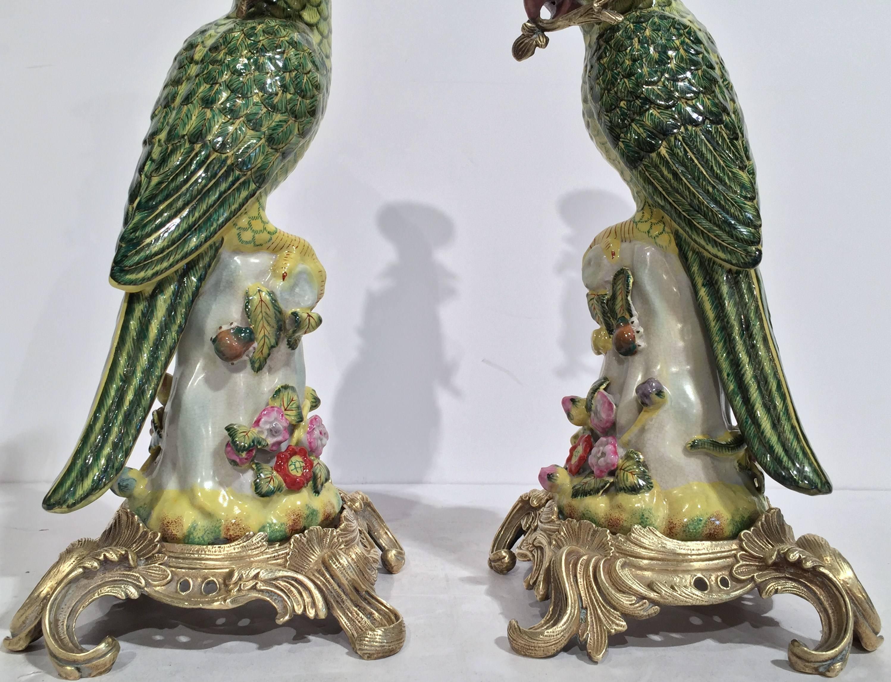 French Pair of Antique Faience Candle Holders with Parrots on Bronze Bases 