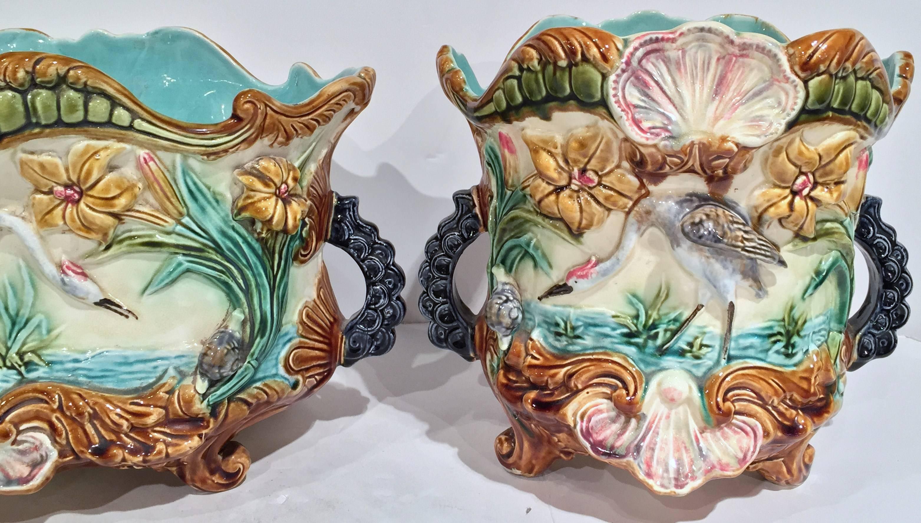 set of Three 19th Century French Handpainted Barbotine Jardiniere and Cachepots In Excellent Condition In Dallas, TX
