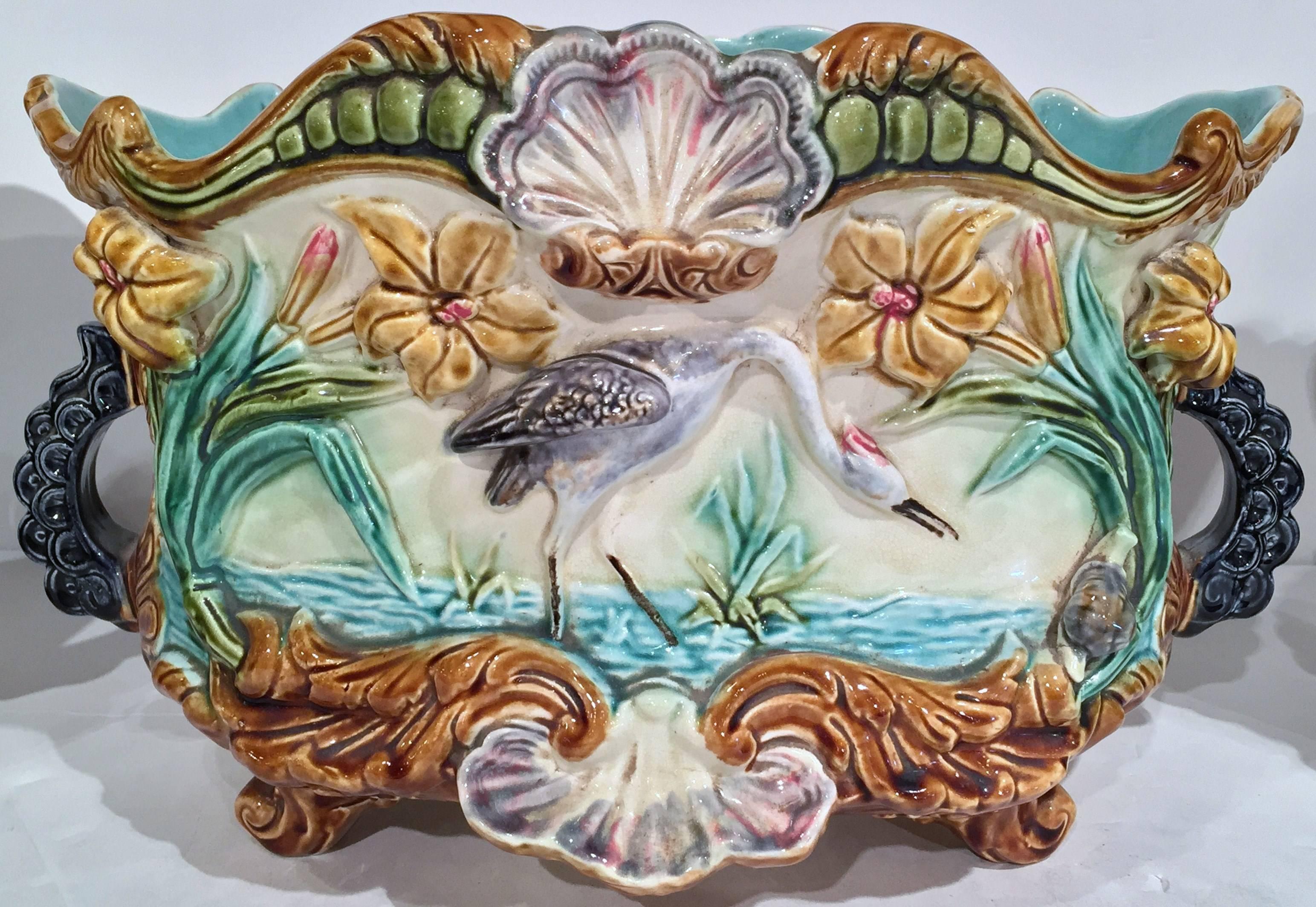 Hand-Painted set of Three 19th Century French Handpainted Barbotine Jardiniere and Cachepots