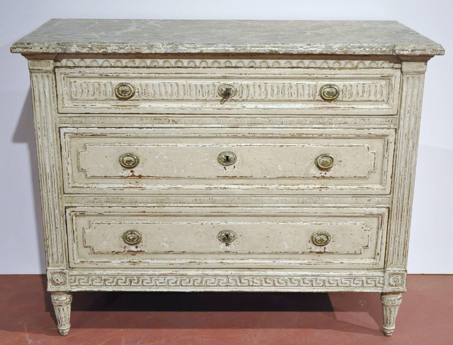French Pair of 19th Century Louis XVI Carved Painted Commodes with Faux Marble Top