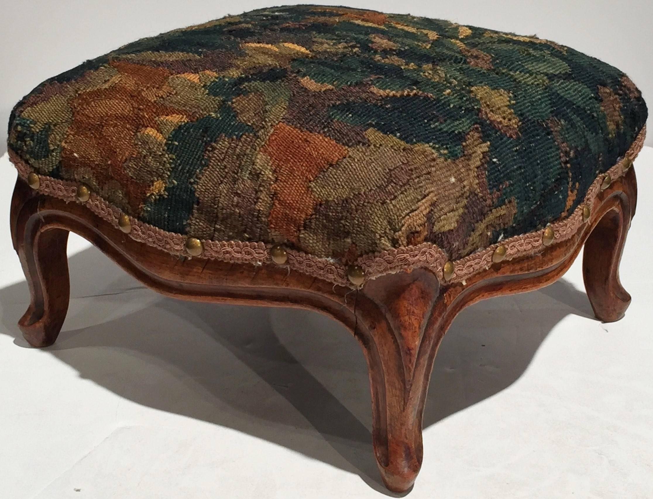 French 19th Century Walnut Foot Stool Upholstered with Antique Aubusson Tapestry