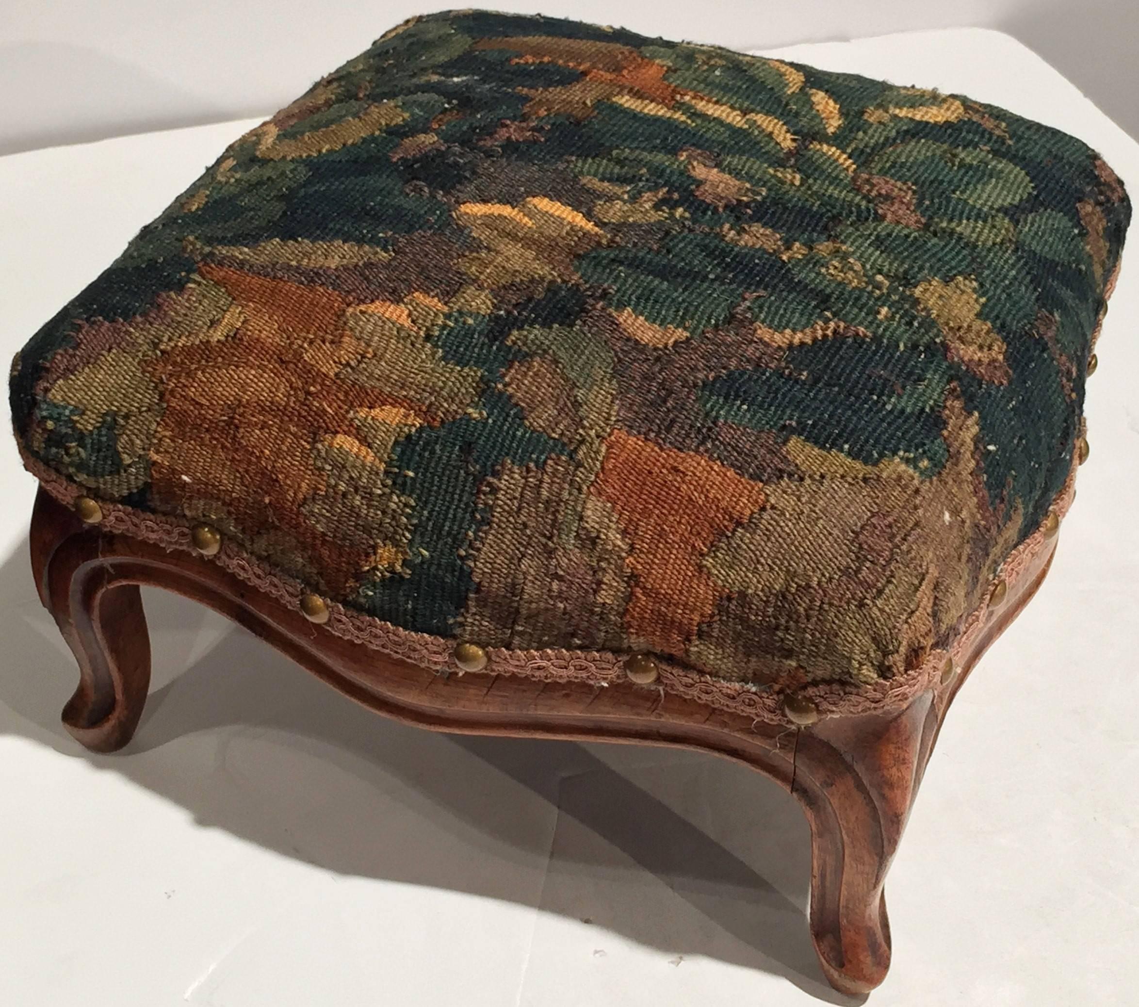 19th Century Walnut Foot Stool Upholstered with Antique Aubusson Tapestry 1