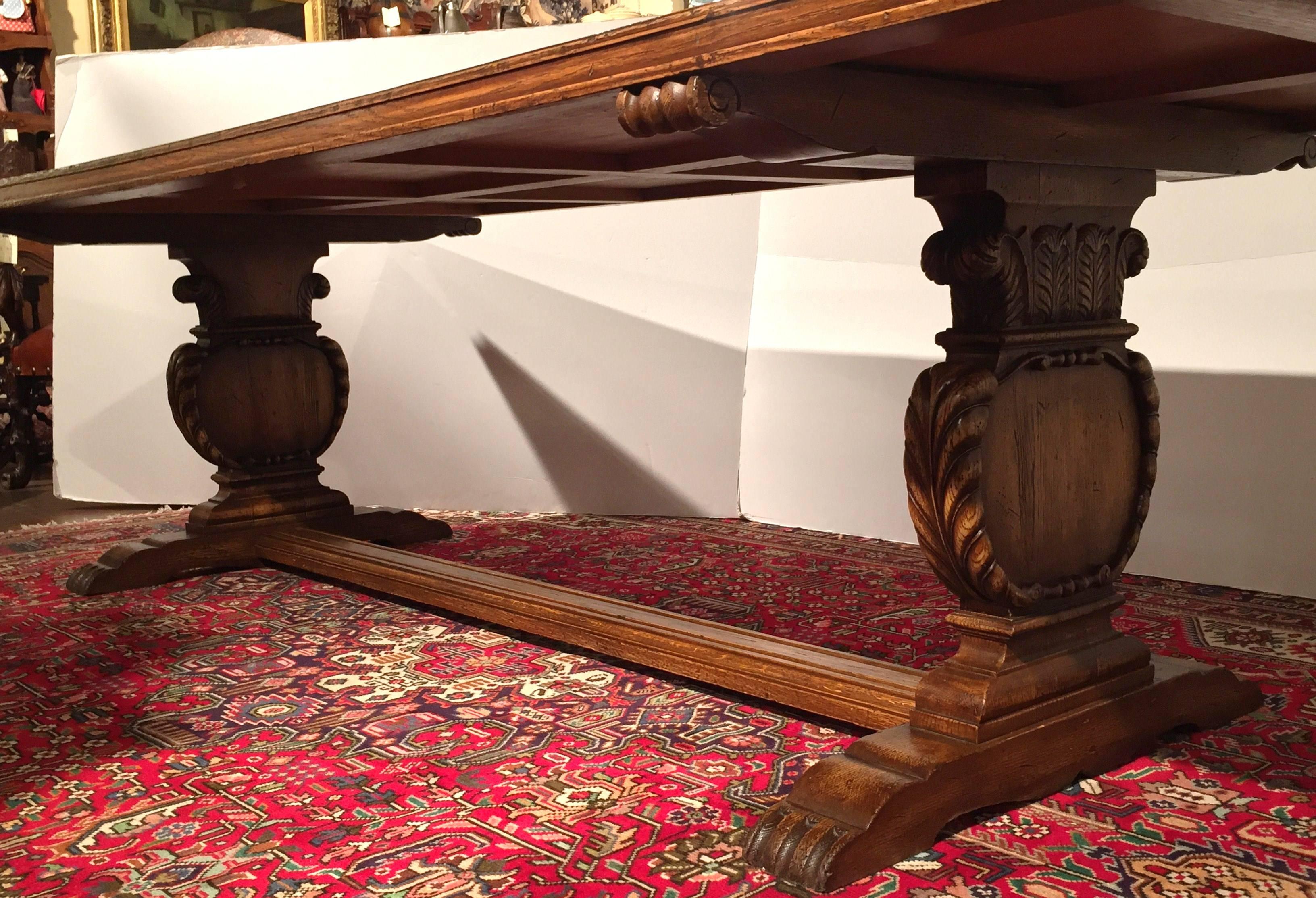 Large Antique French Dining Room Farm Table with Carved Legs and