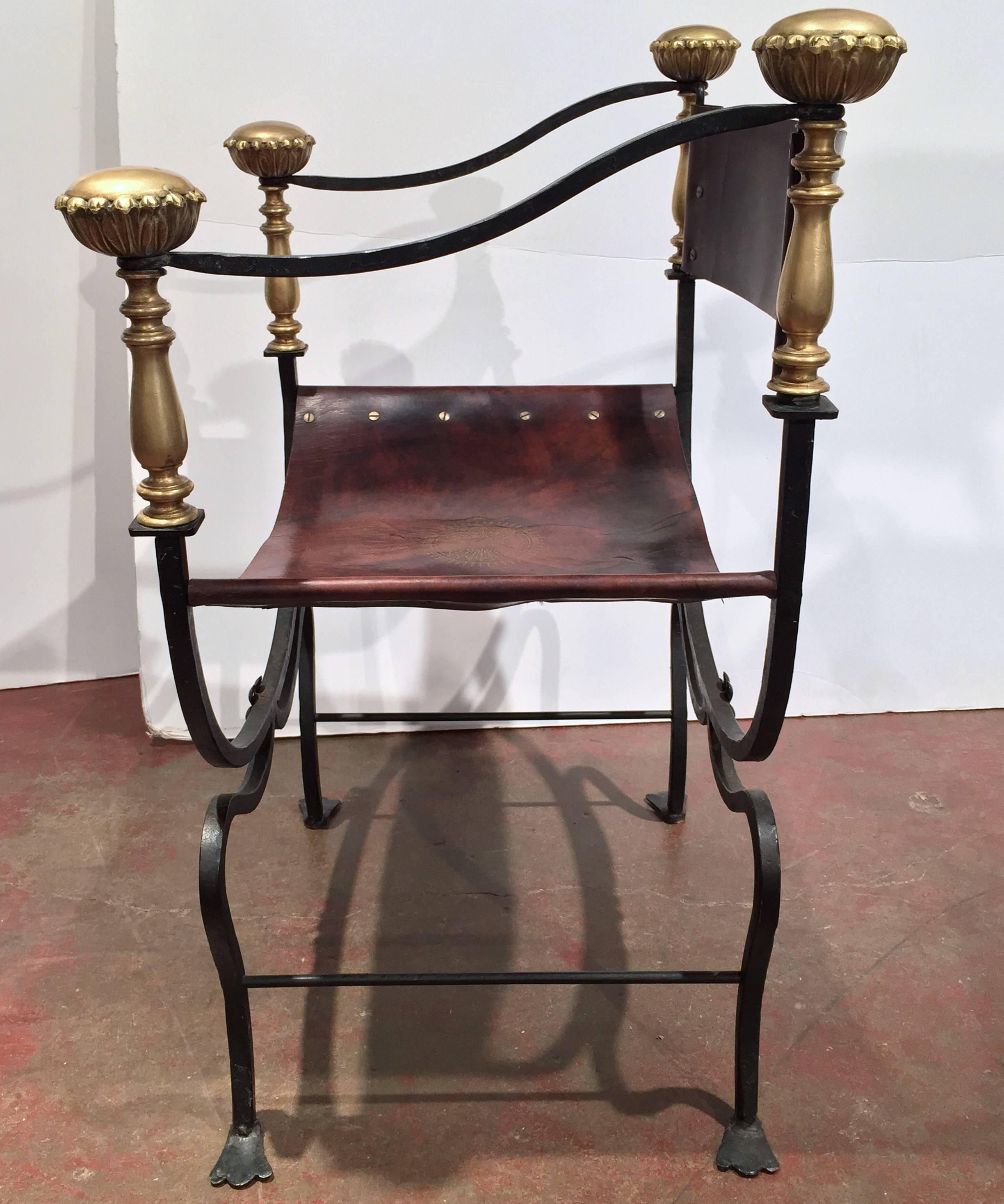 Bronze Pair of 19th Century Italian Campaign Wrought Iron Chairs with Original Leather