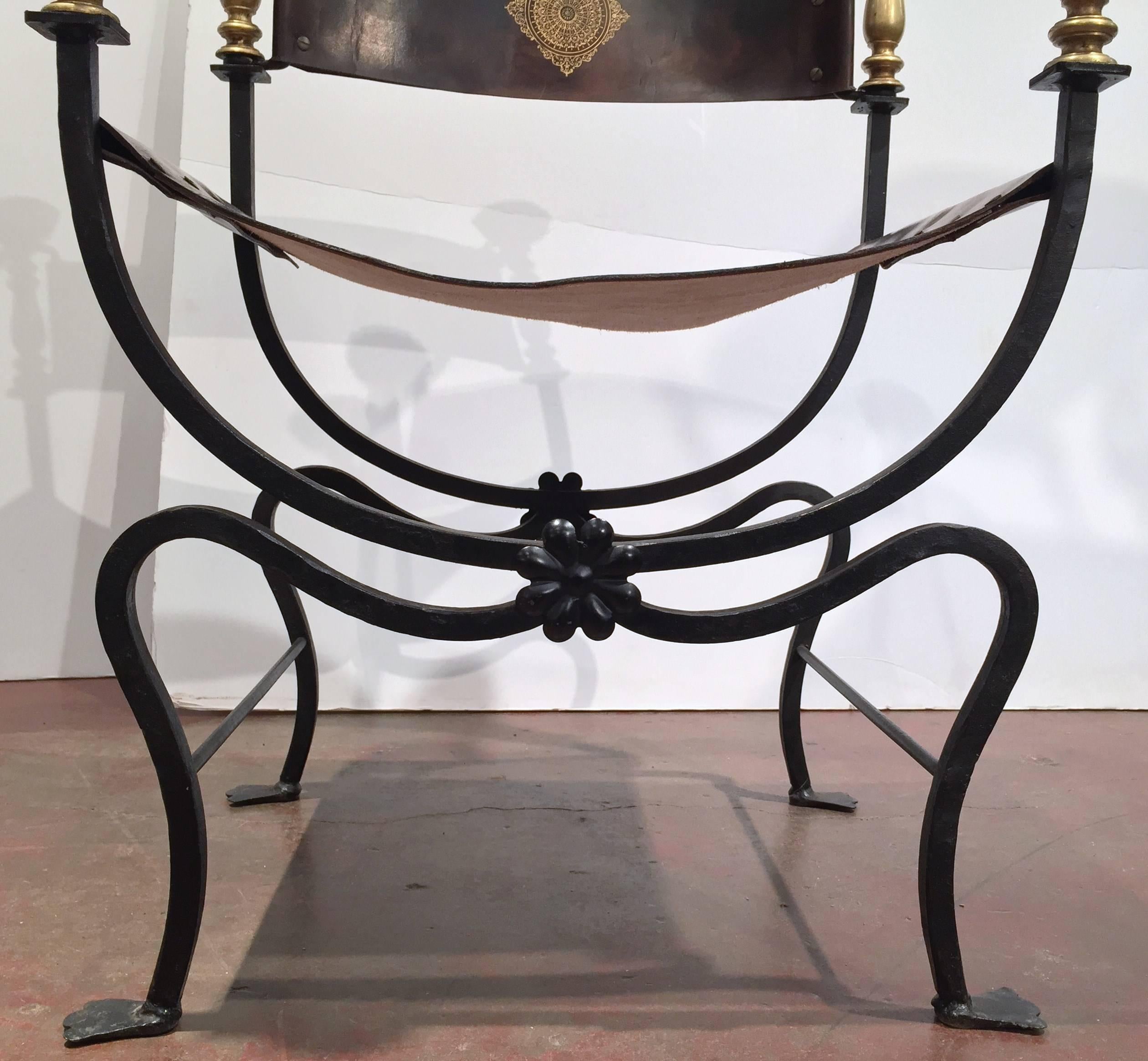 Pair of 19th Century Italian Campaign Wrought Iron Chairs with Original Leather 1