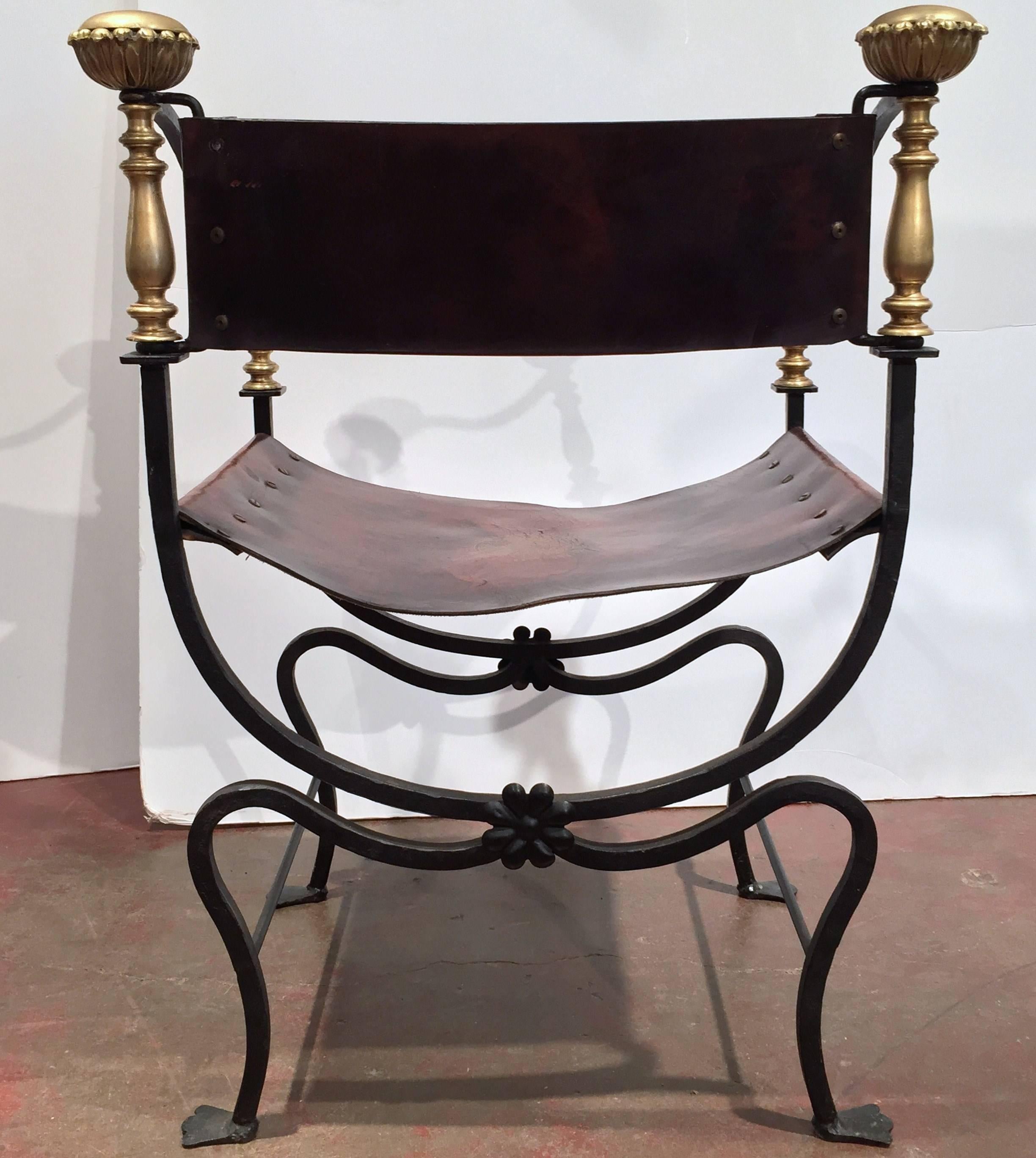 Pair of 19th Century Italian Campaign Wrought Iron Chairs with Original Leather 2