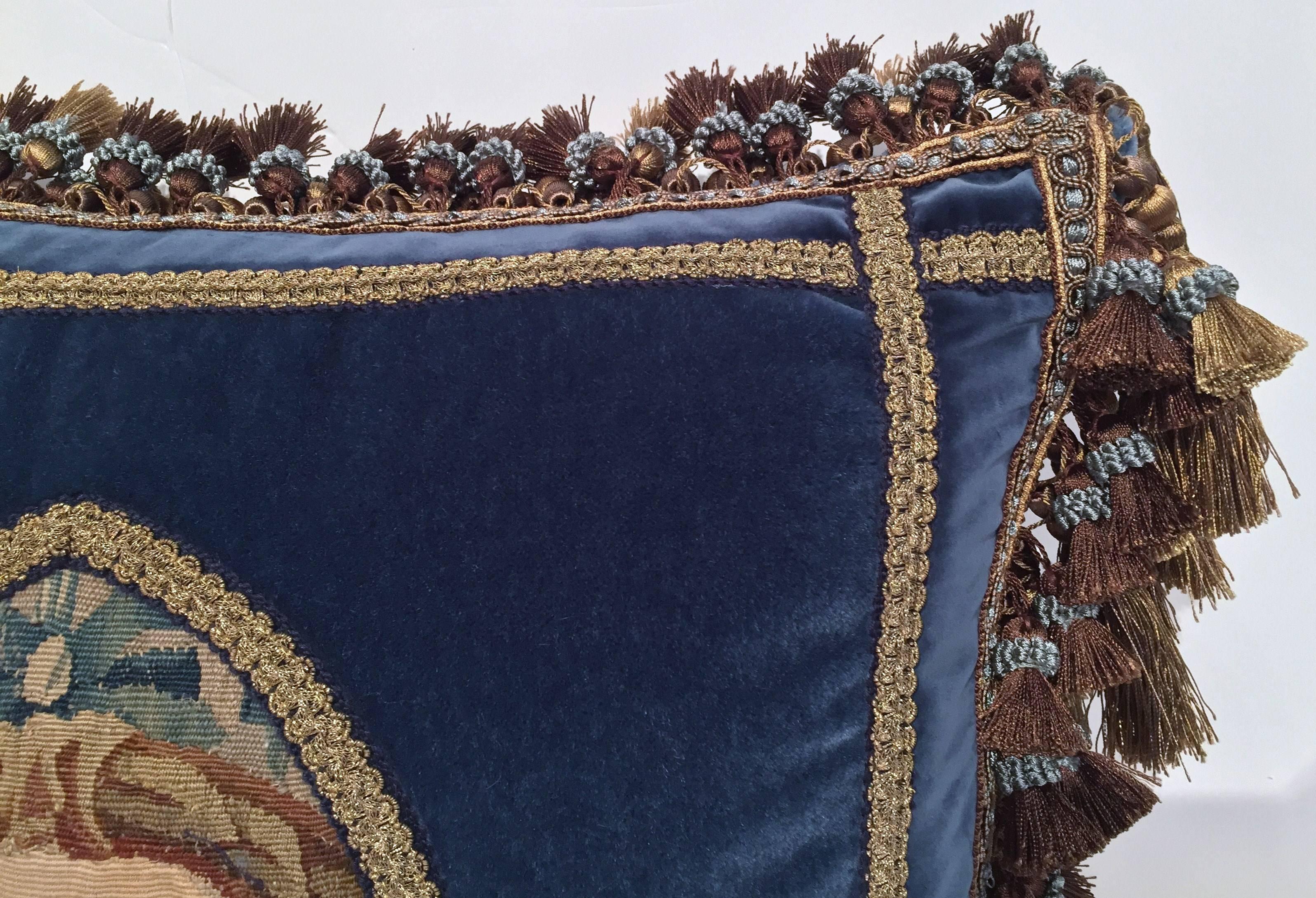 Handmade French Pillow with 18th Century Aubusson Tapestry, Trims and Tassels 2