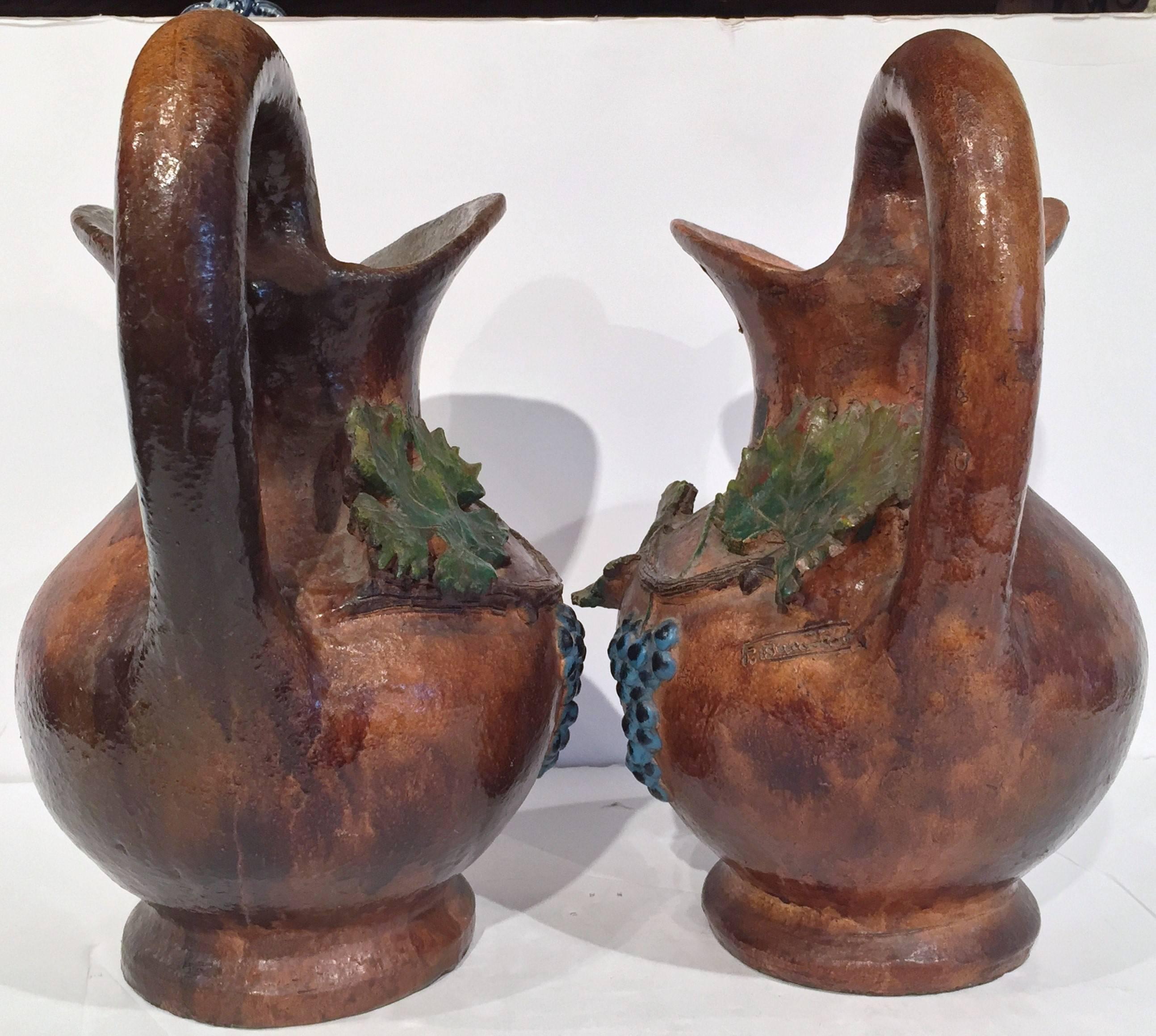 Pair of 19th Century French Painted Barbotine Wine Pitchers with Grapes & Vines In Excellent Condition In Dallas, TX