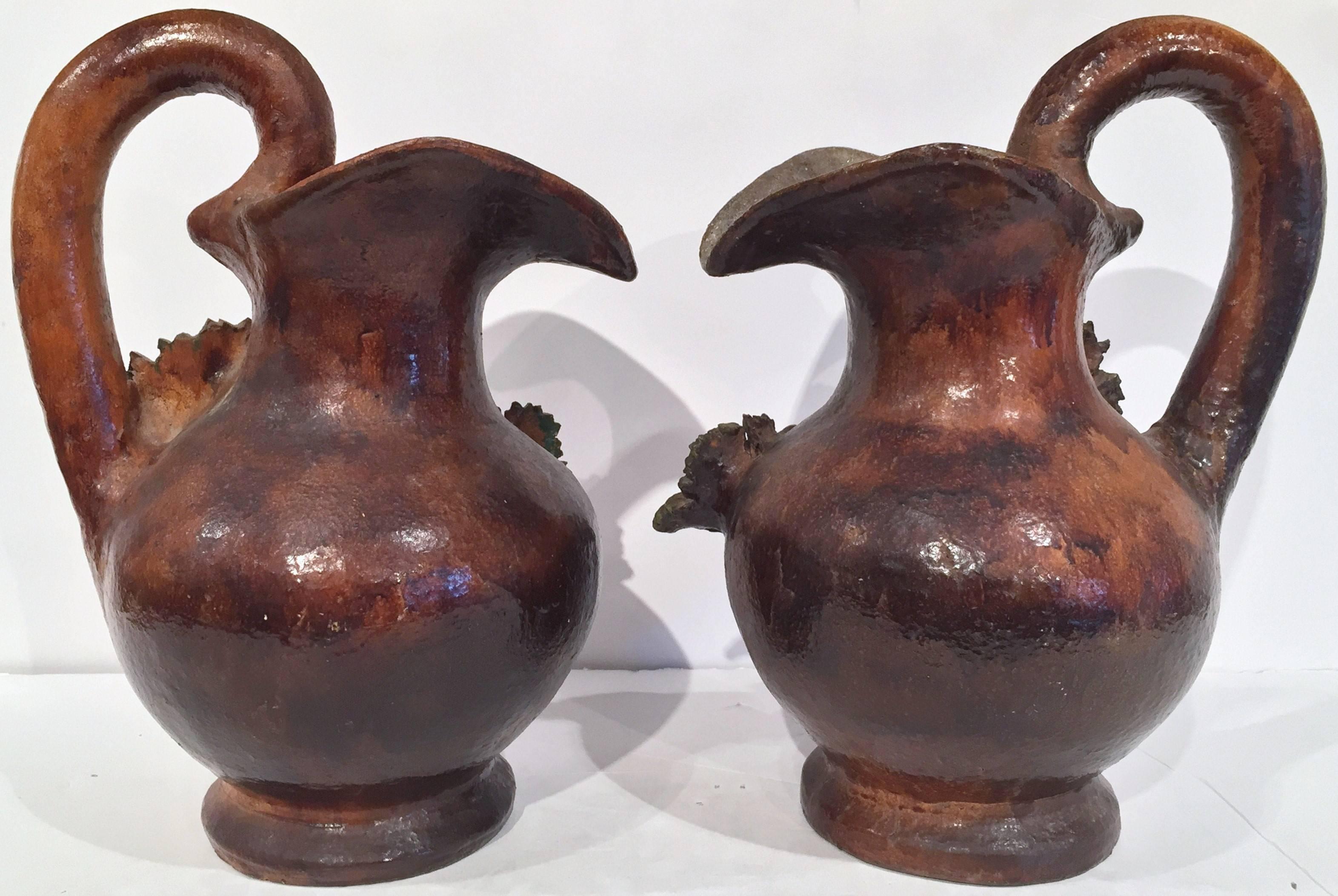 Pair of 19th Century French Painted Barbotine Wine Pitchers with Grapes & Vines 1