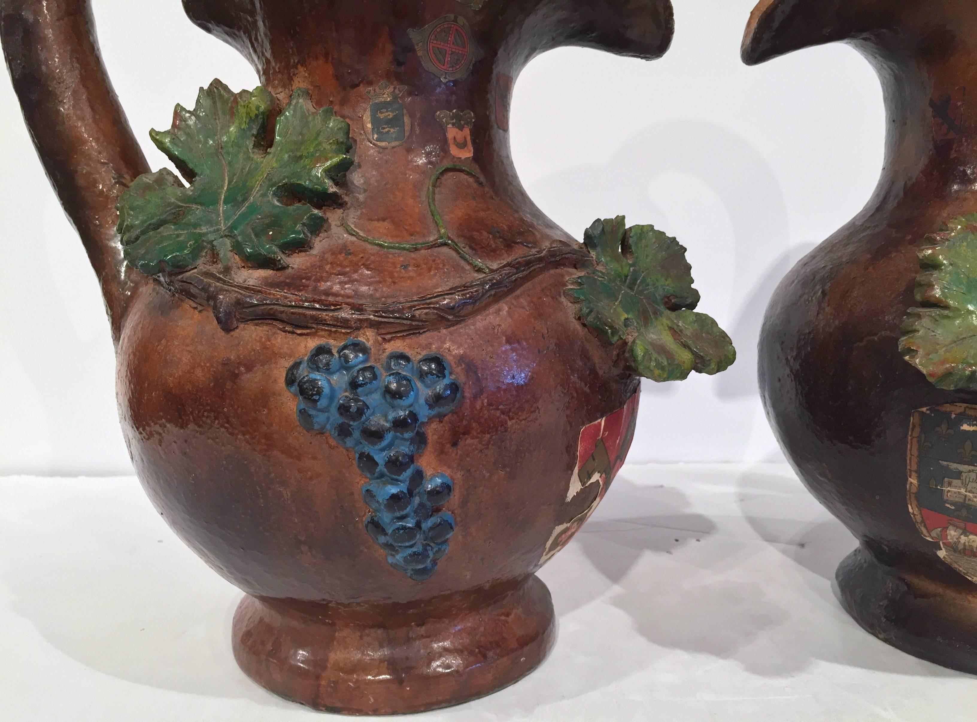 Medieval Pair of 19th Century French Painted Barbotine Wine Pitchers with Grapes & Vines